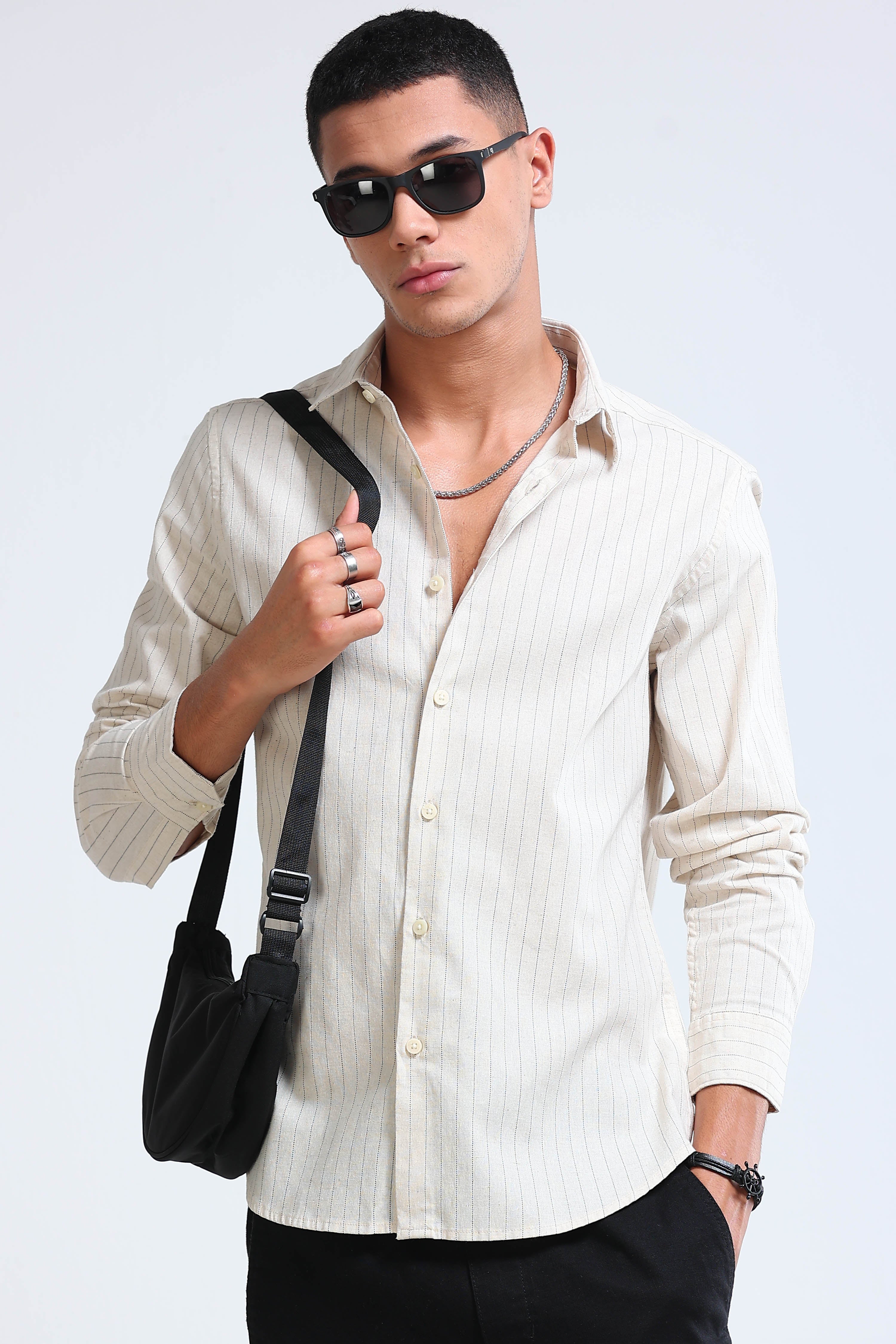 Men Cream Cotton Linen Striped Shirt