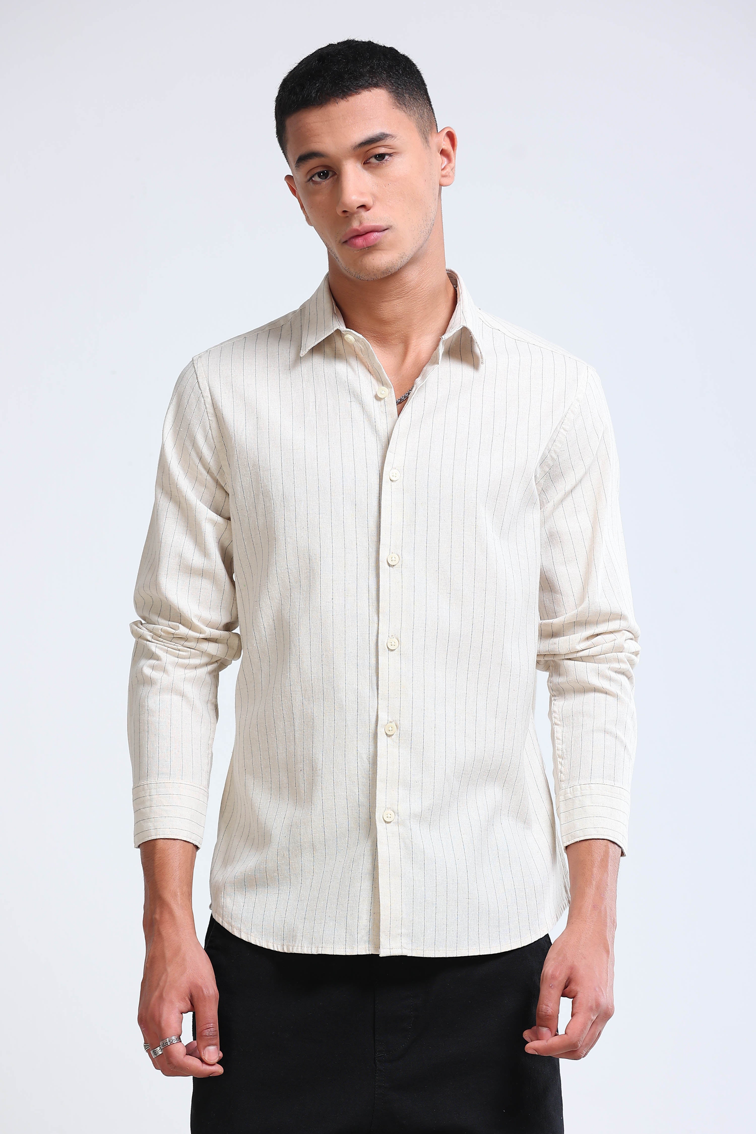Men Cream Cotton Linen Striped Shirt