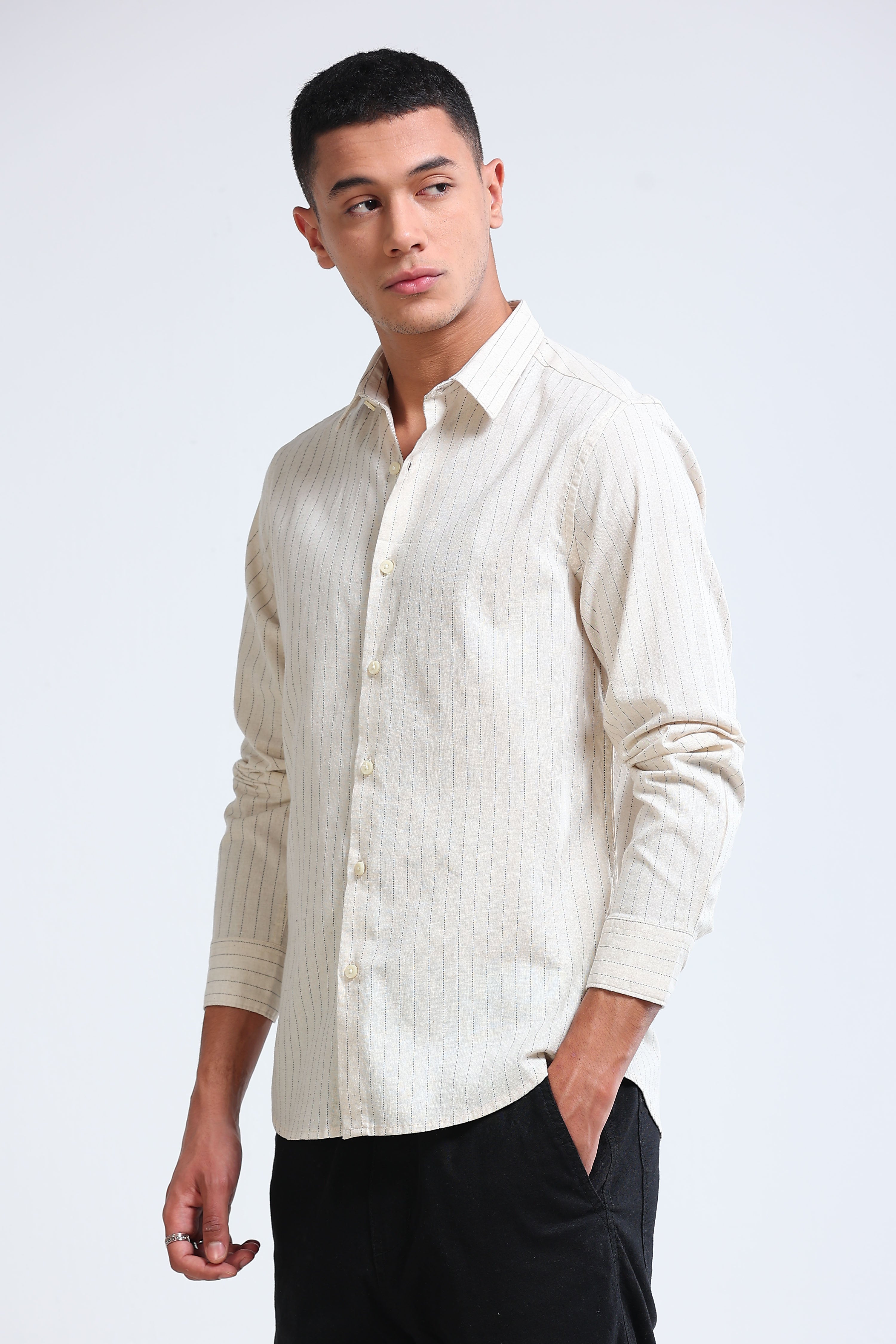 Men Cream Cotton Linen Striped Shirt