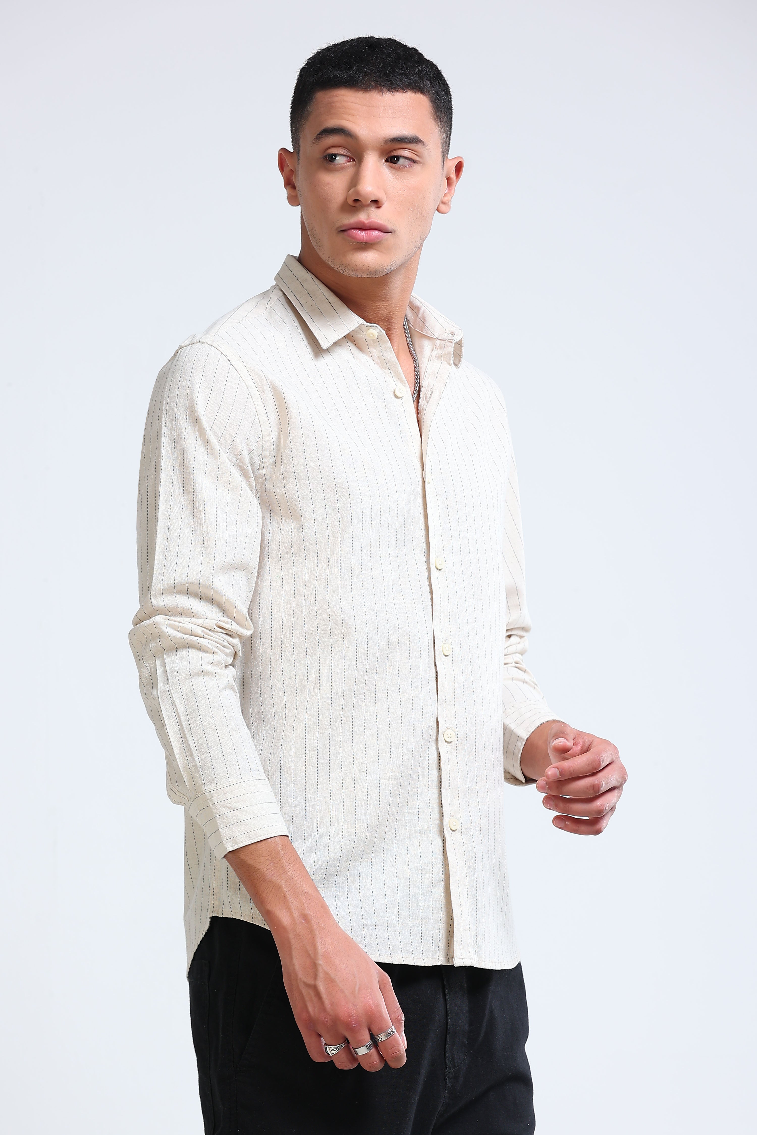 Men Cream Cotton Linen Striped Shirt