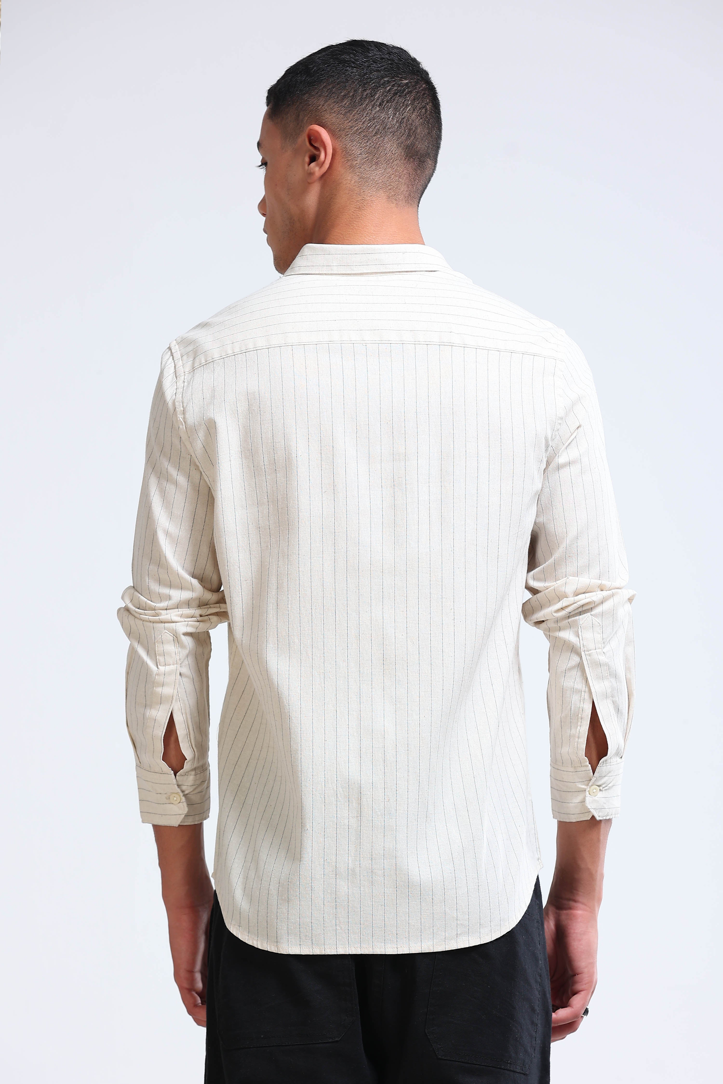 Men Cream Cotton Linen Striped Shirt