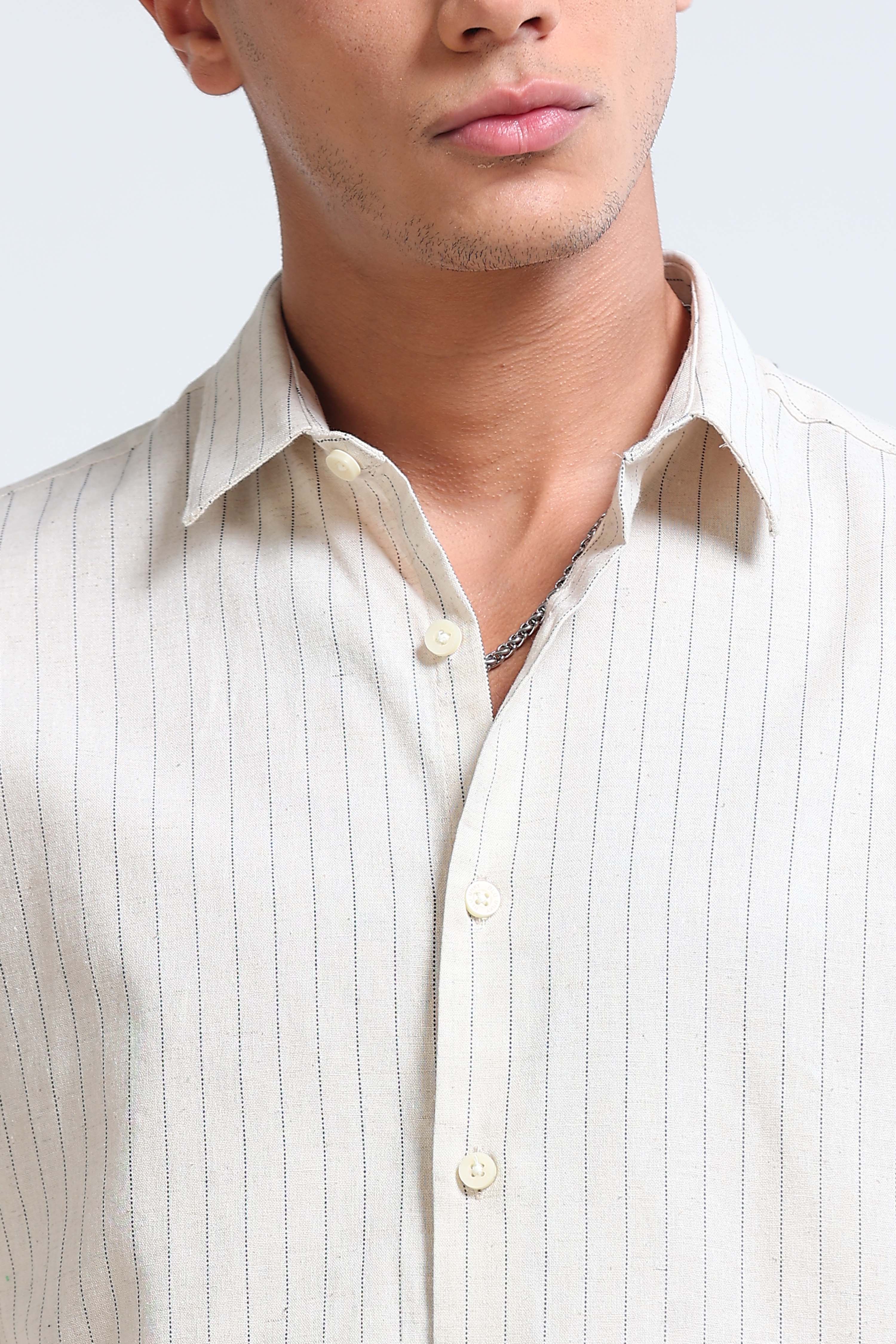 Men Cream Cotton Linen Striped Shirt