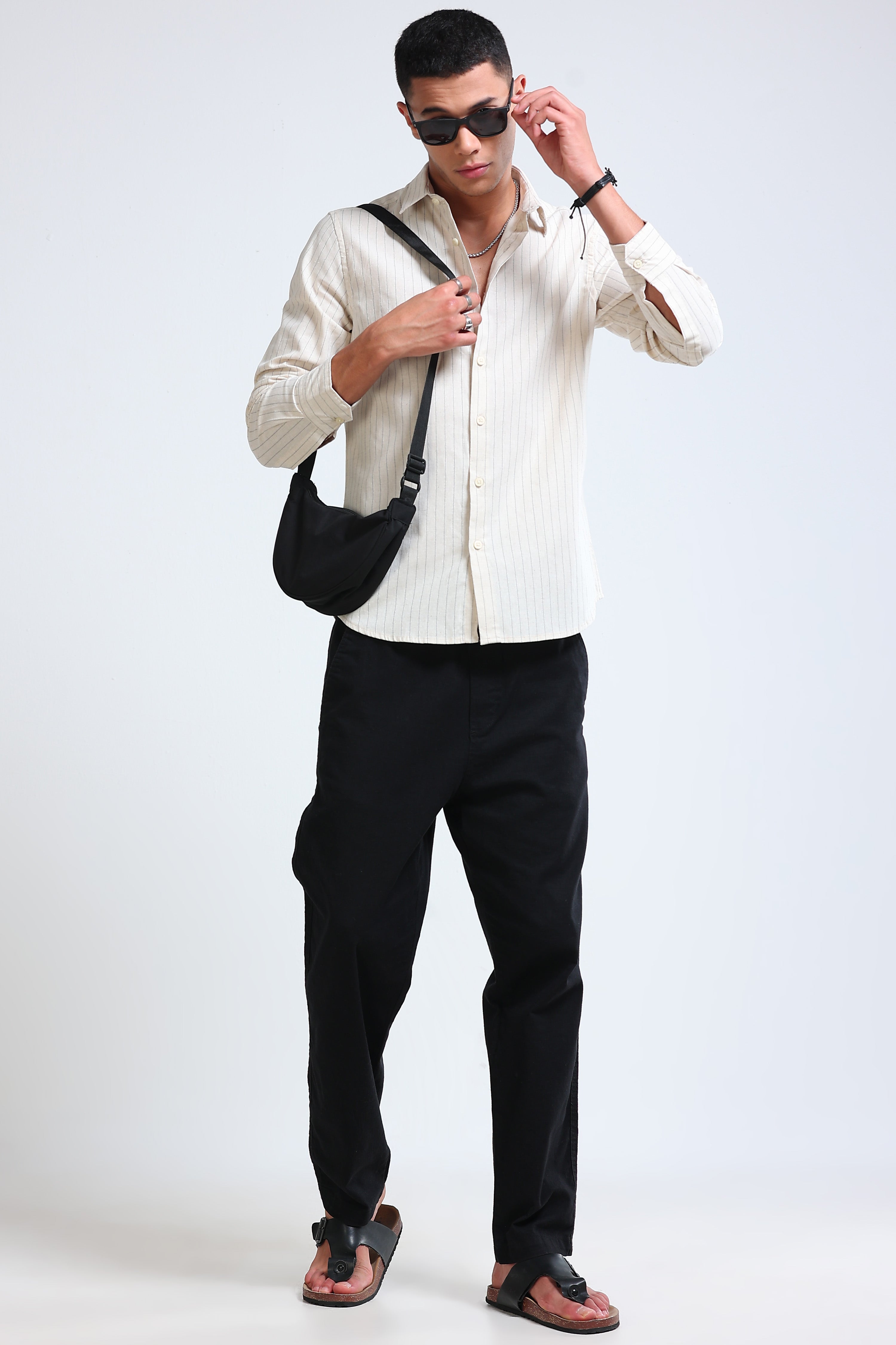Men Cream Cotton Linen Striped Shirt