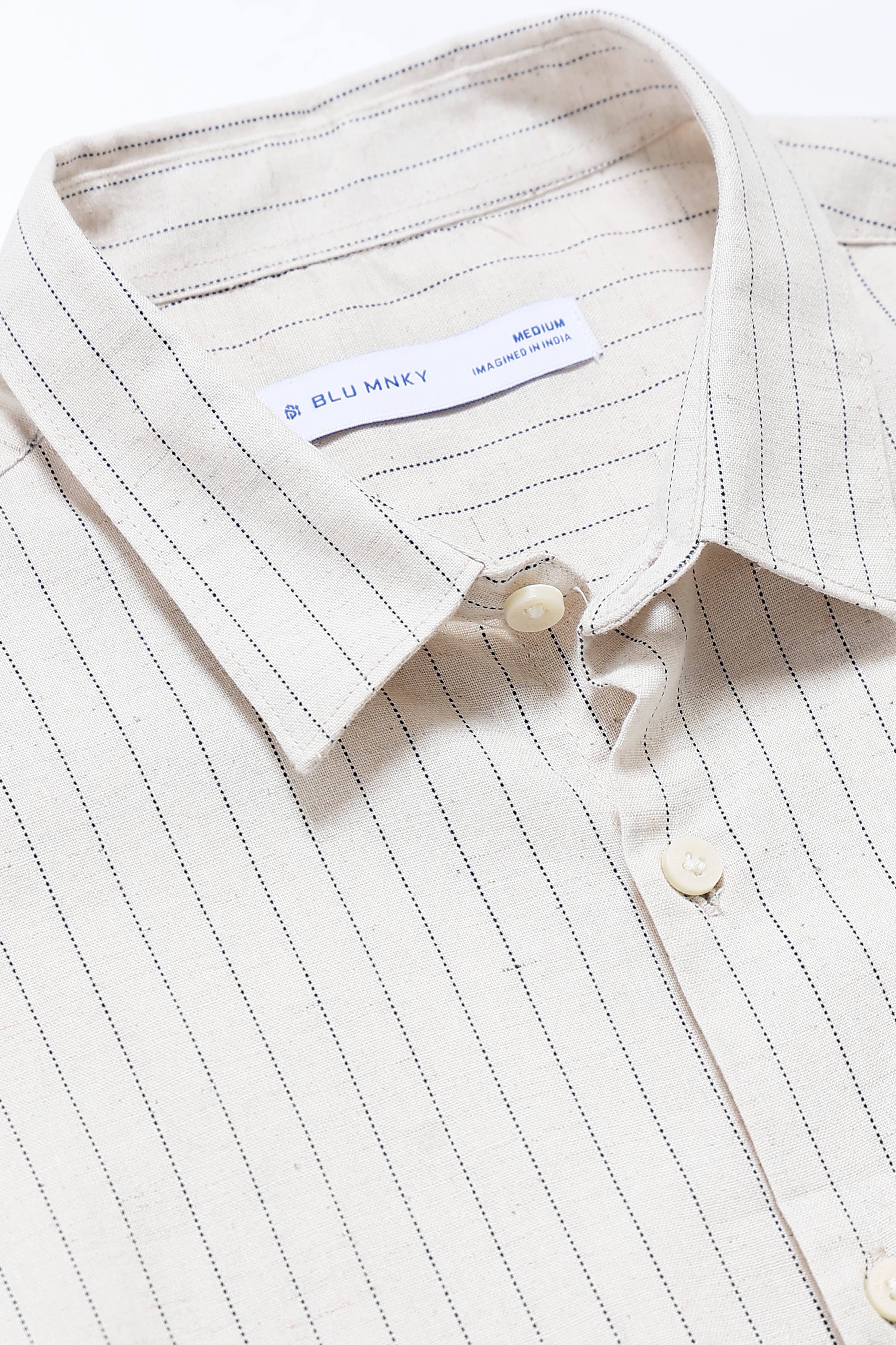 Men Cream Cotton Linen Striped Shirt