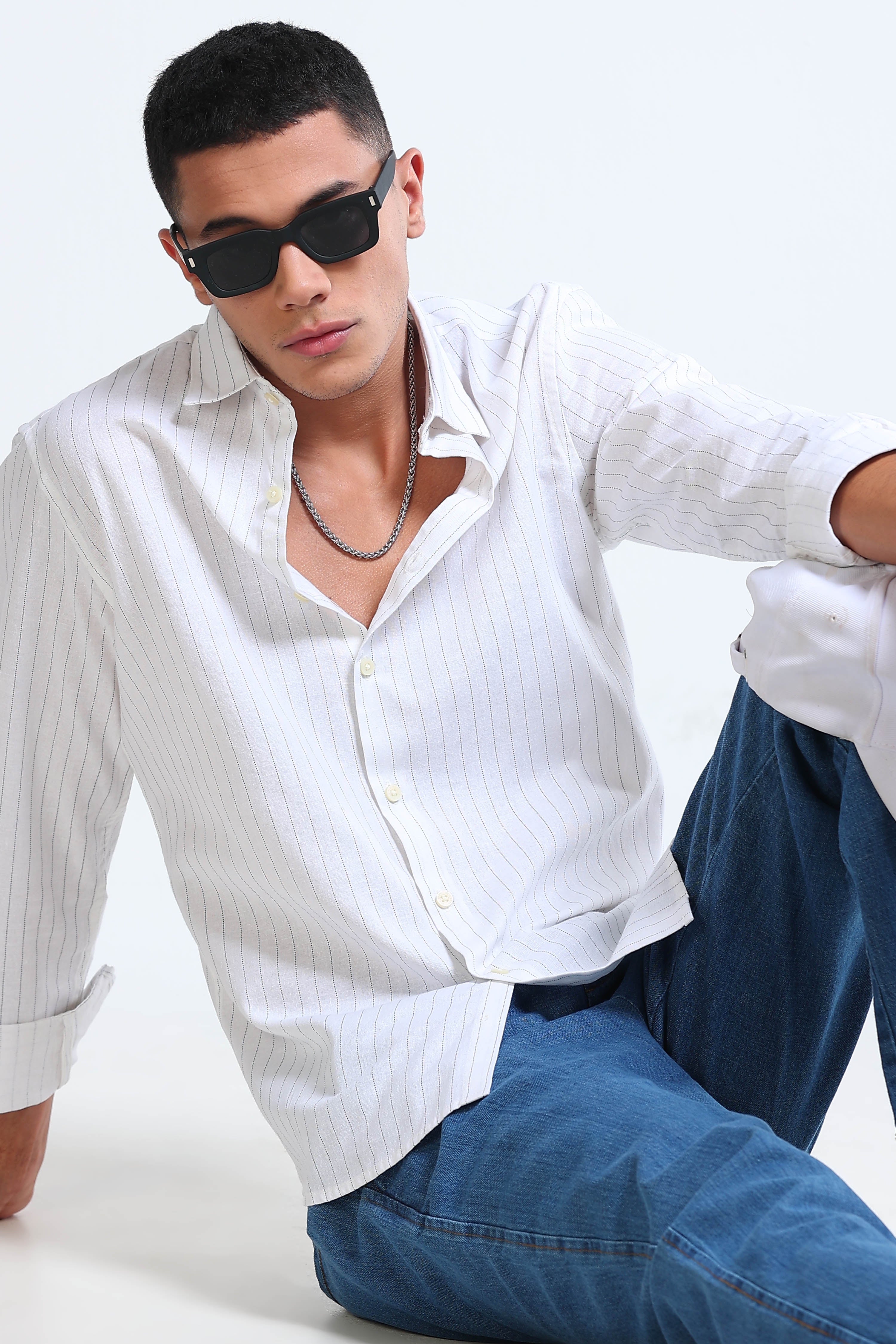 Men White Cotton Linen Striped Shirt