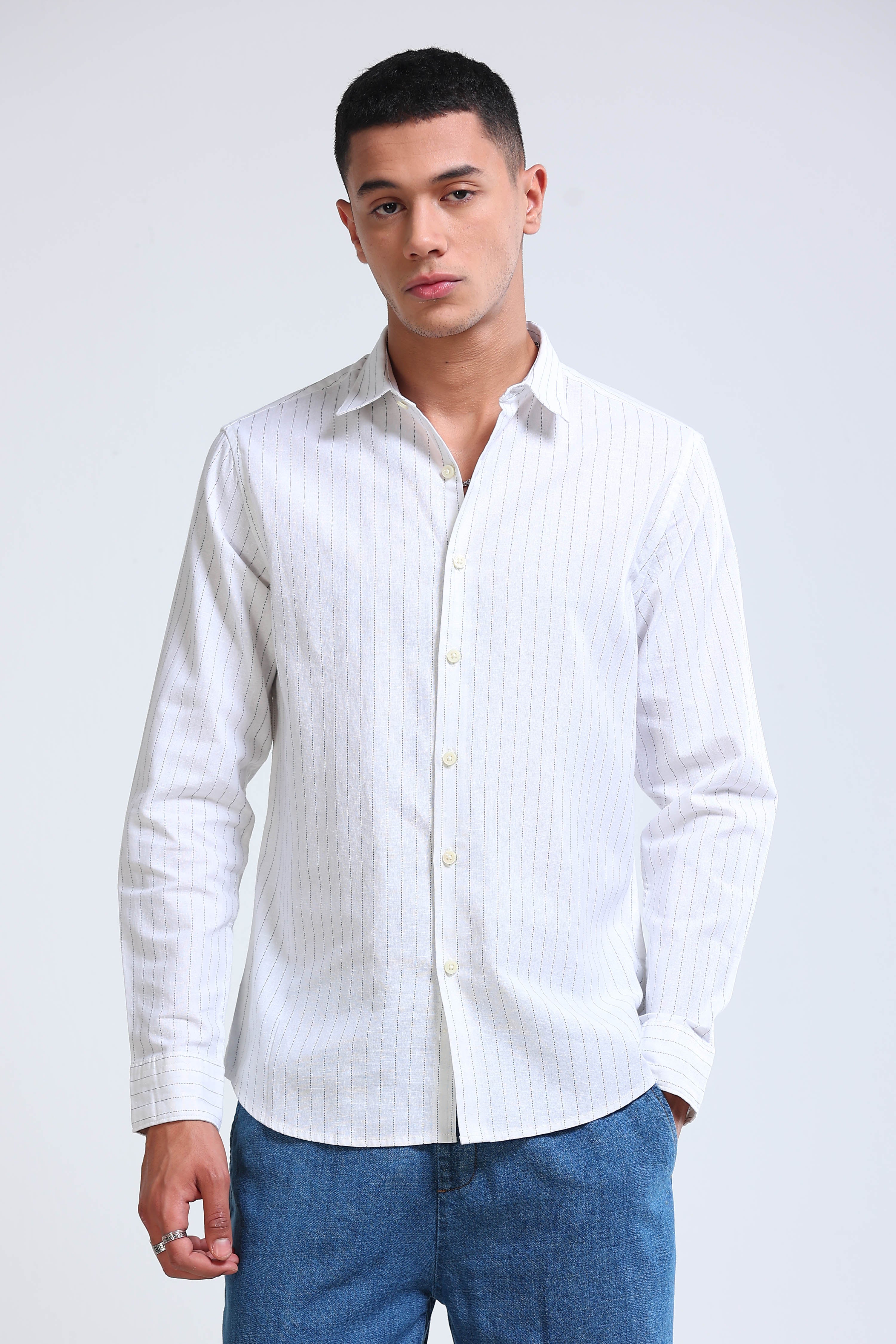 Men White Cotton Linen Striped Shirt