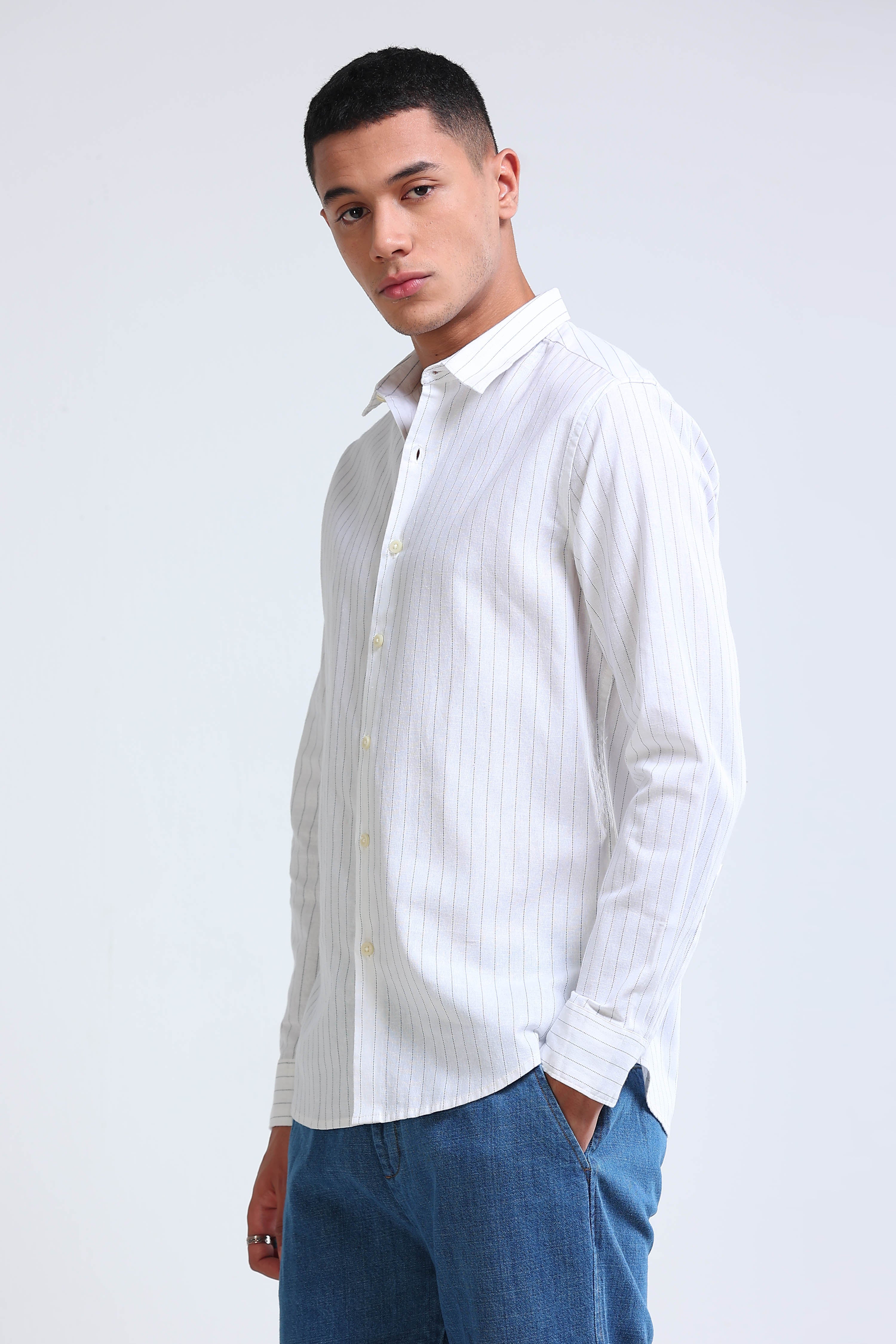 Men White Cotton Linen Striped Shirt
