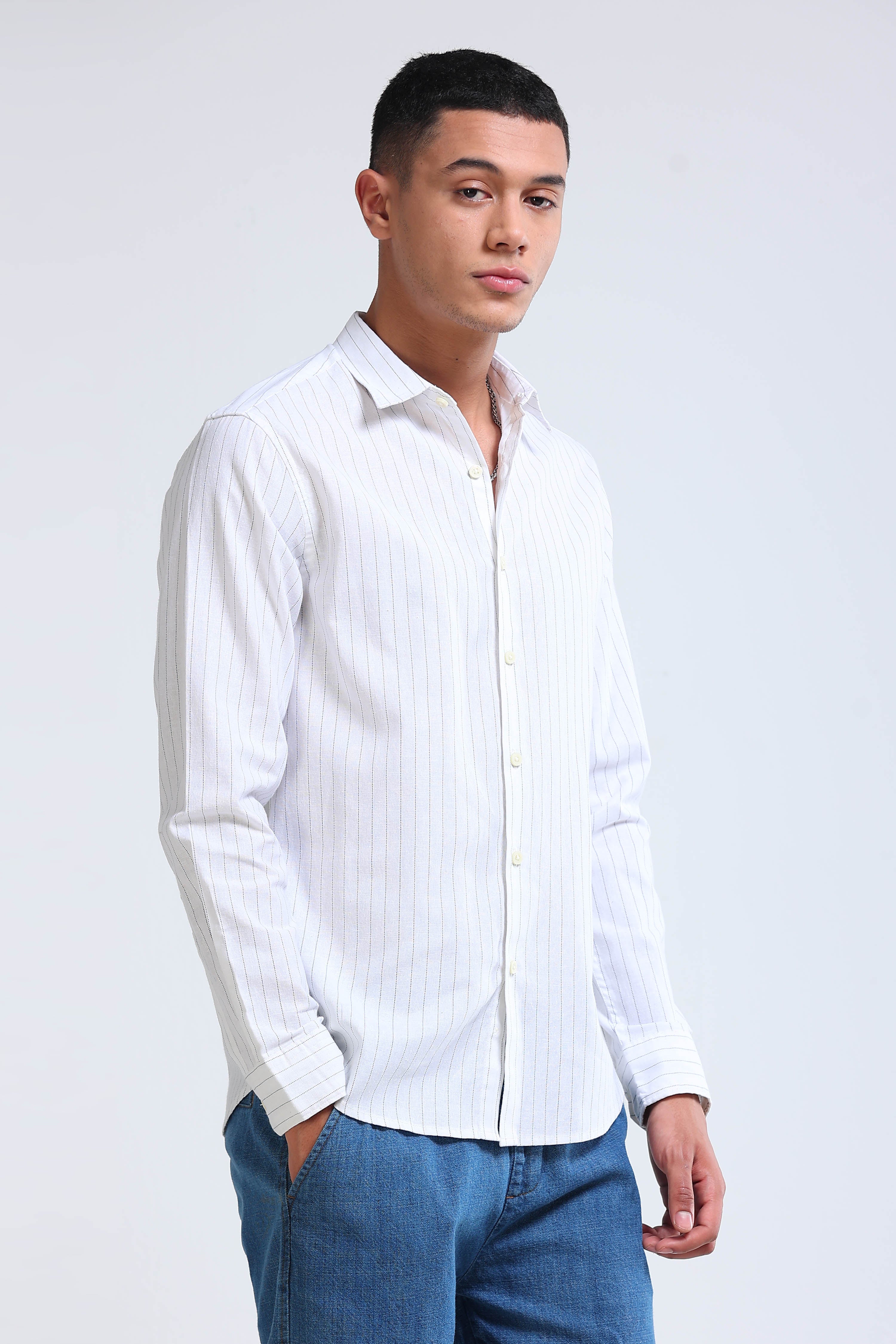 Men White Cotton Linen Striped Shirt
