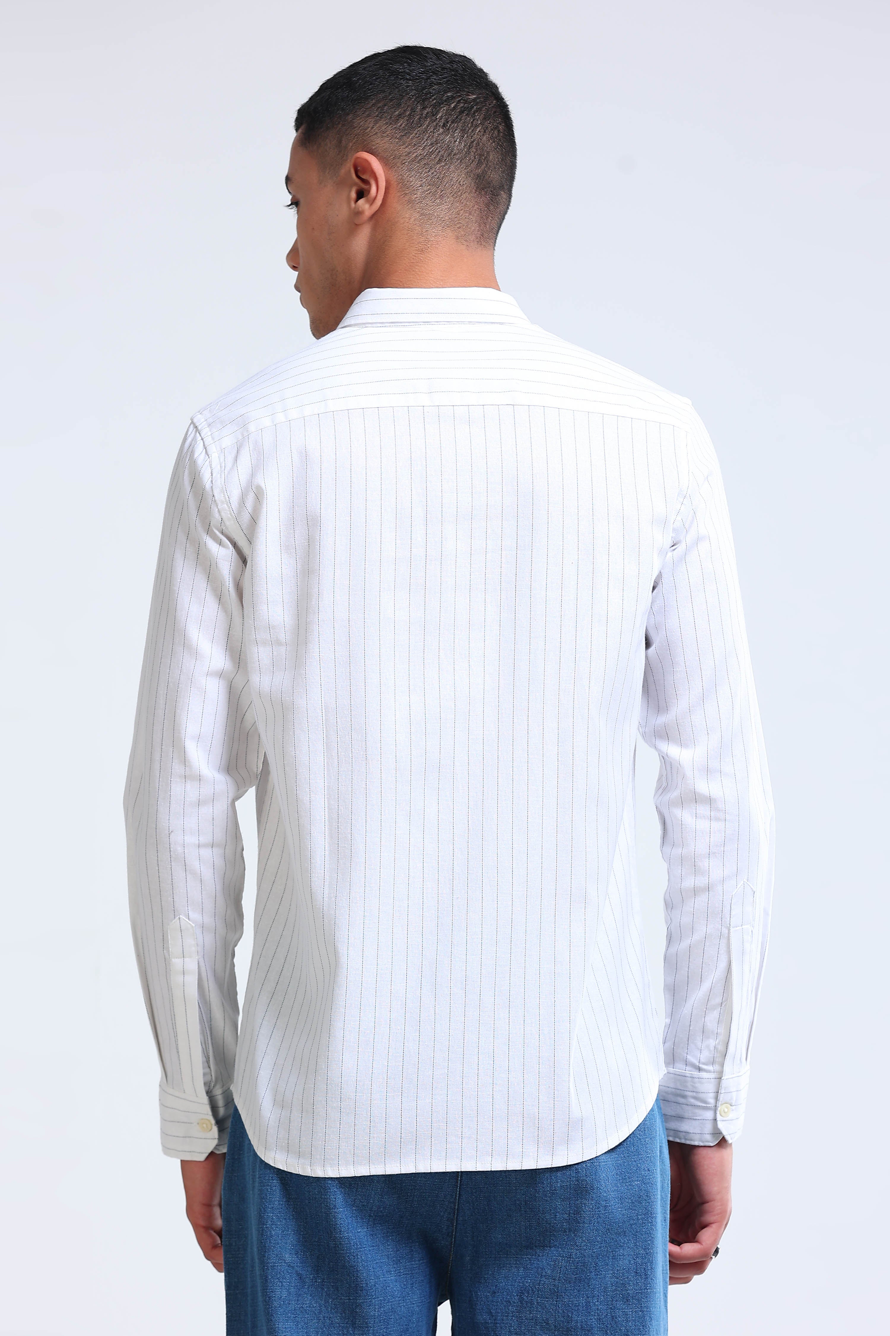 Men White Cotton Linen Striped Shirt