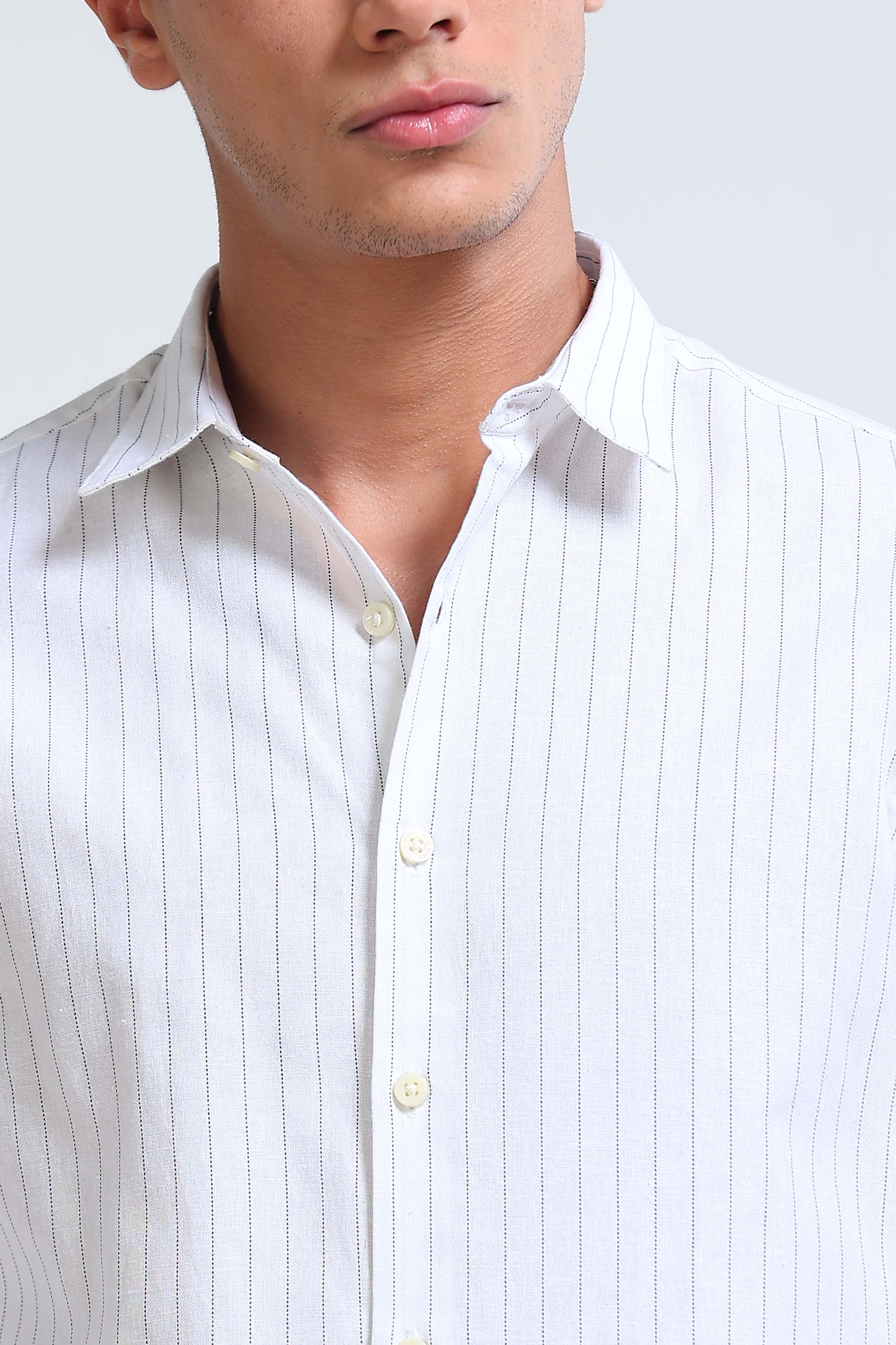 Men White Cotton Linen Striped Shirt