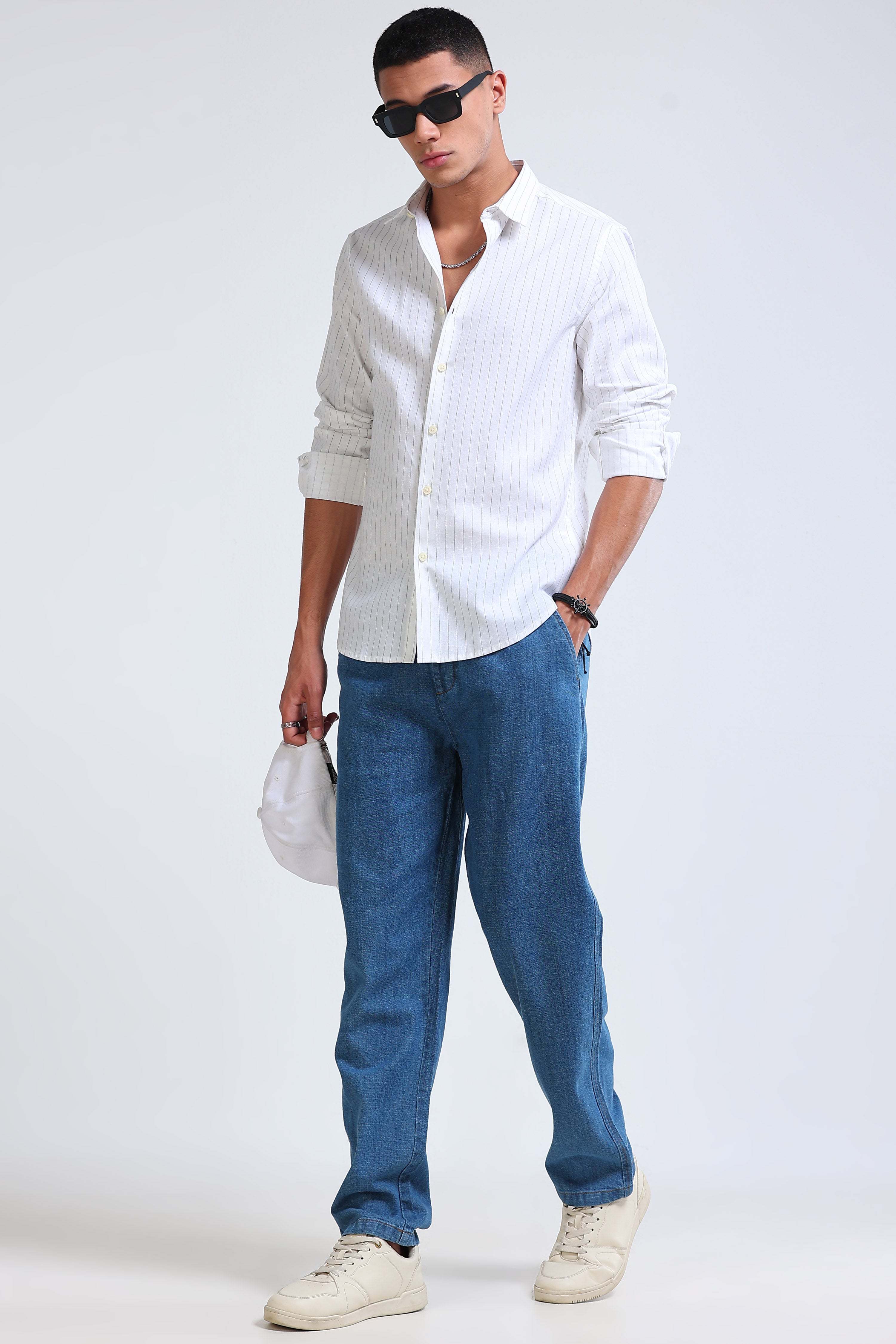 Men White Cotton Linen Striped Shirt