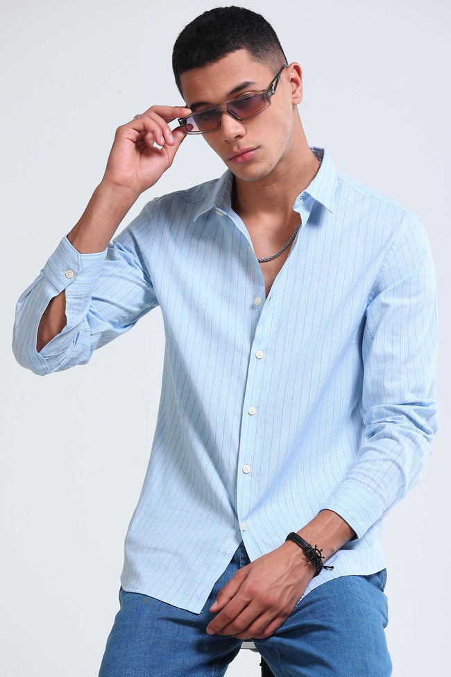 Men Blue Cotton Linen Striped Shirt