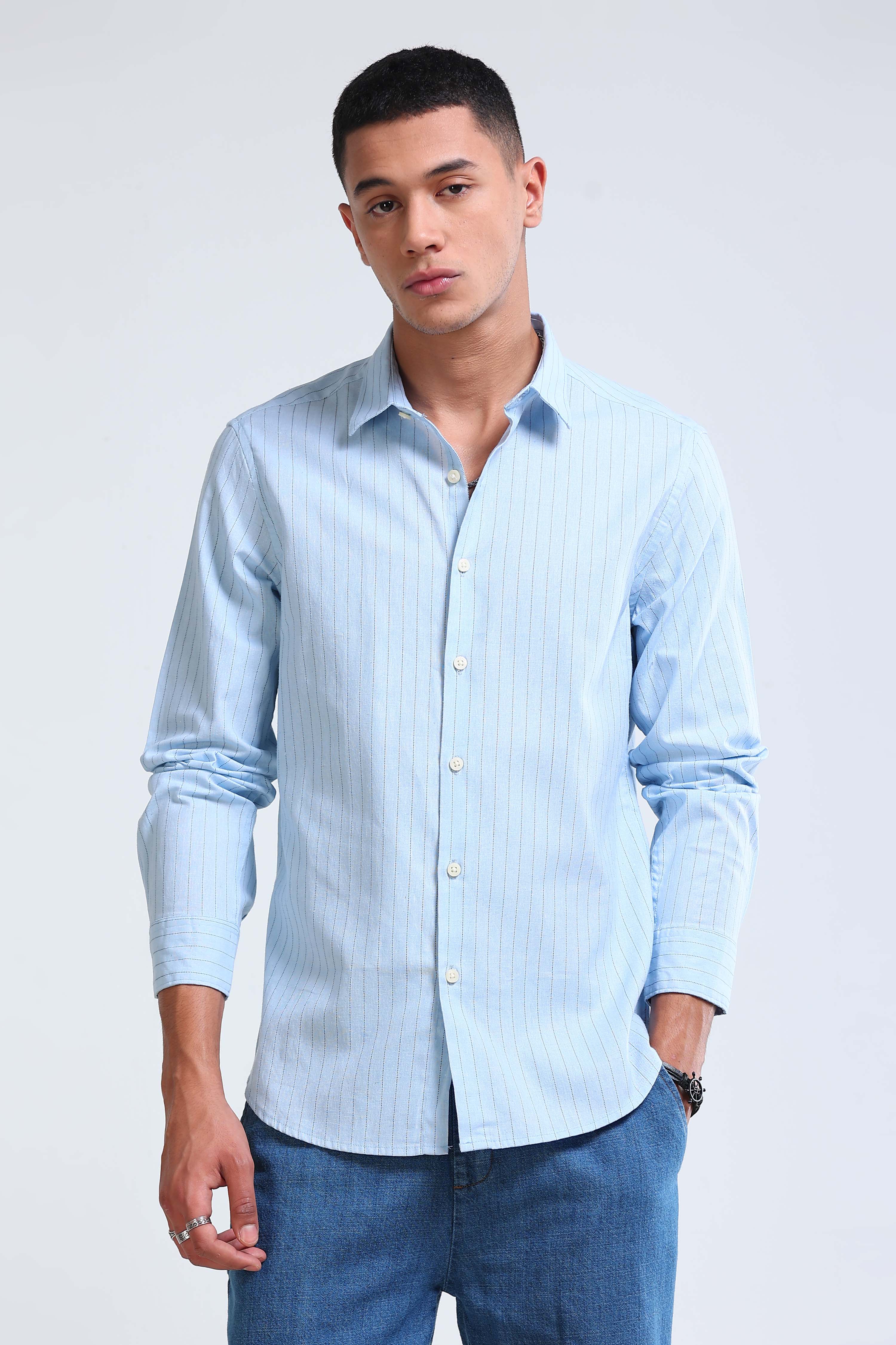 Men Blue Cotton Linen Striped Shirt