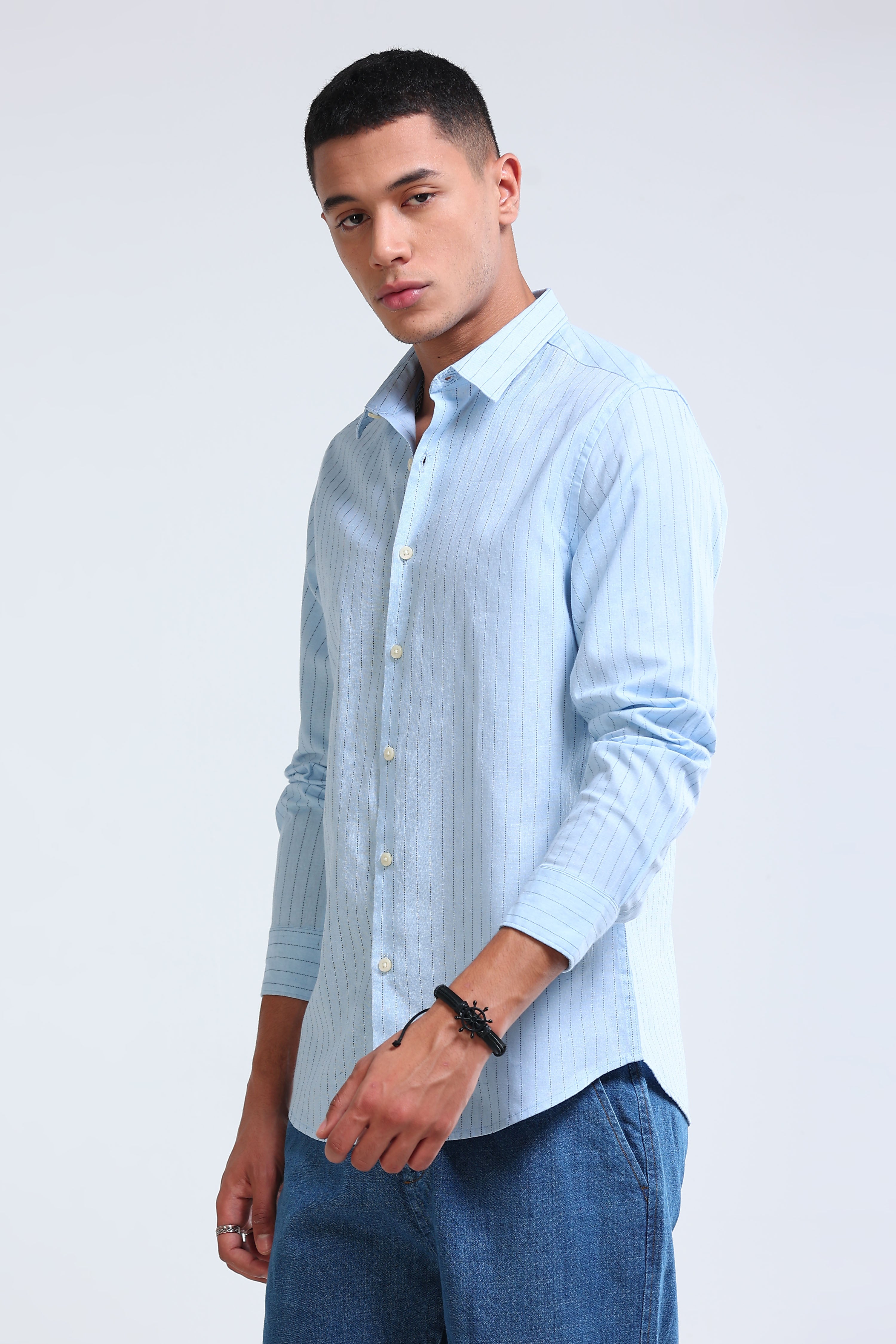 Men Blue Cotton Linen Striped Shirt