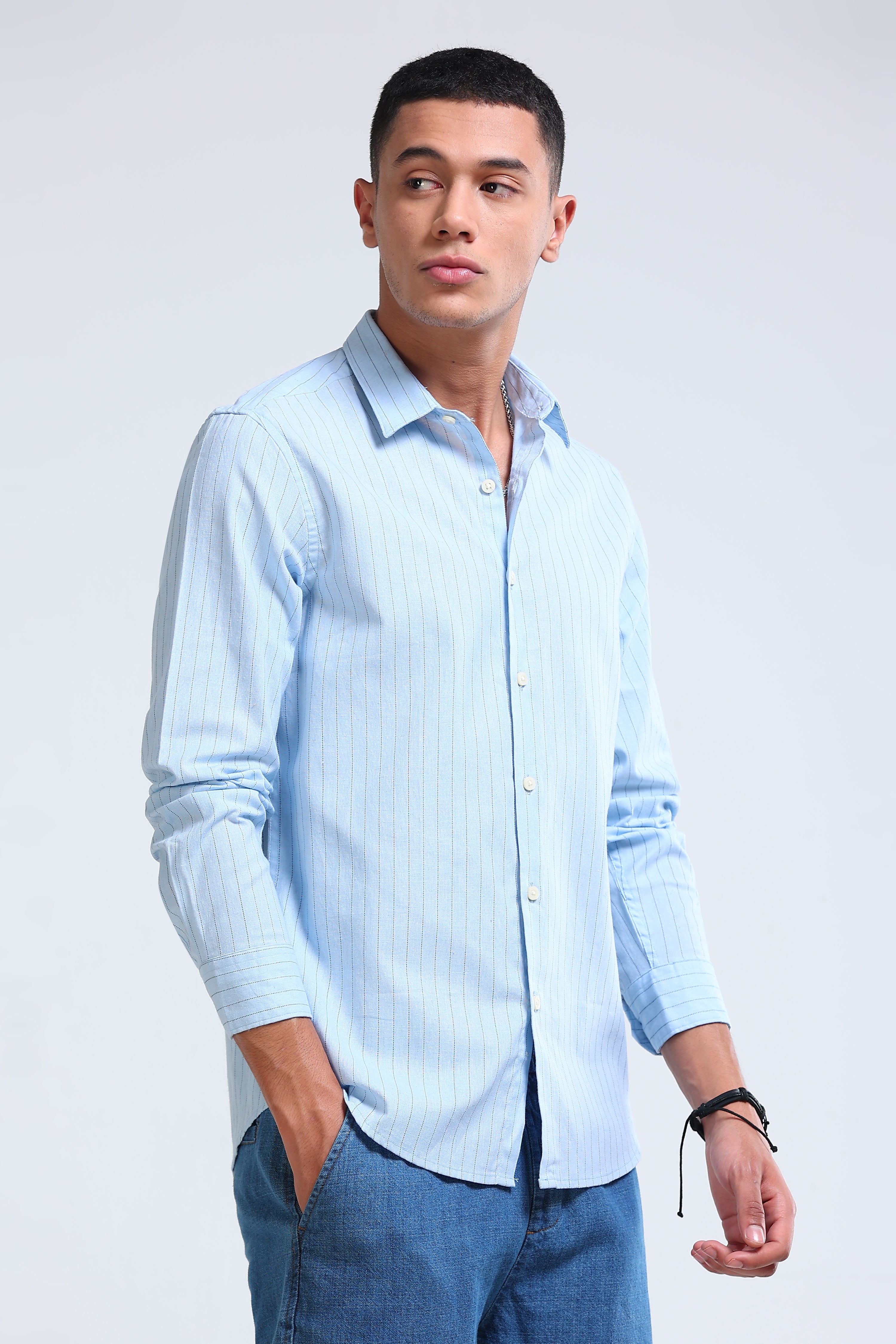 Men Blue Cotton Linen Striped Shirt