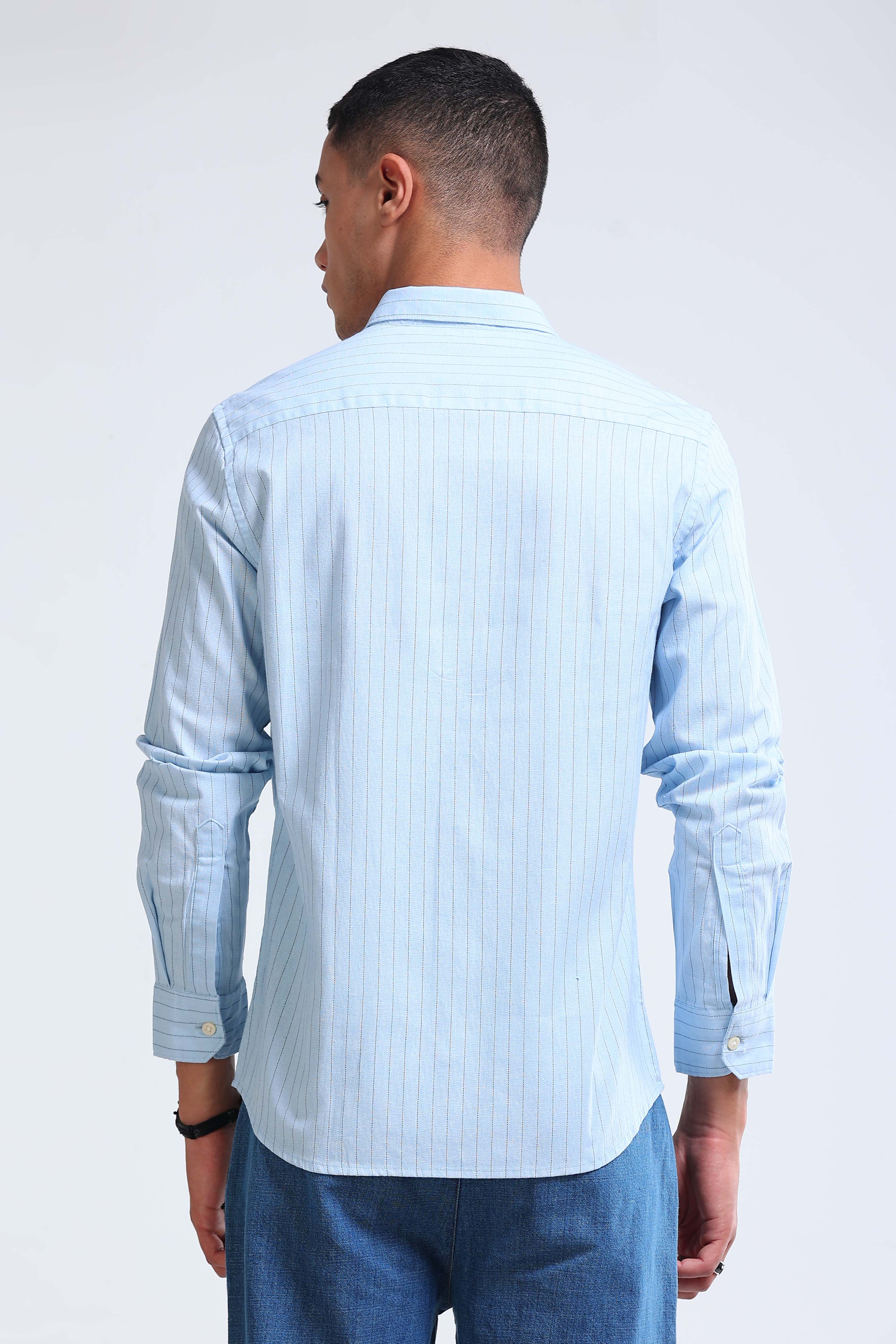 Men Blue Cotton Linen Striped Shirt