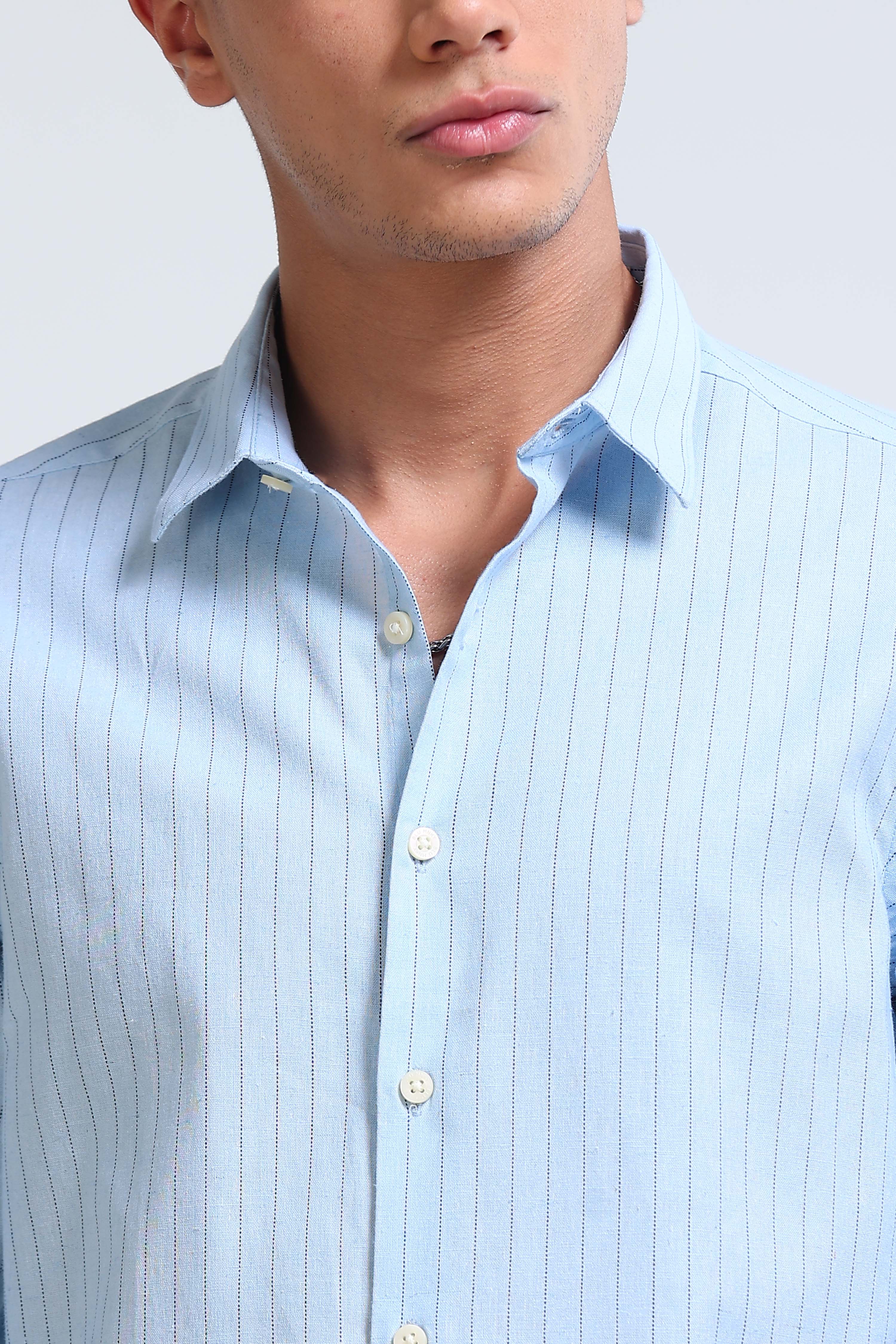 Men Blue Cotton Linen Striped Shirt