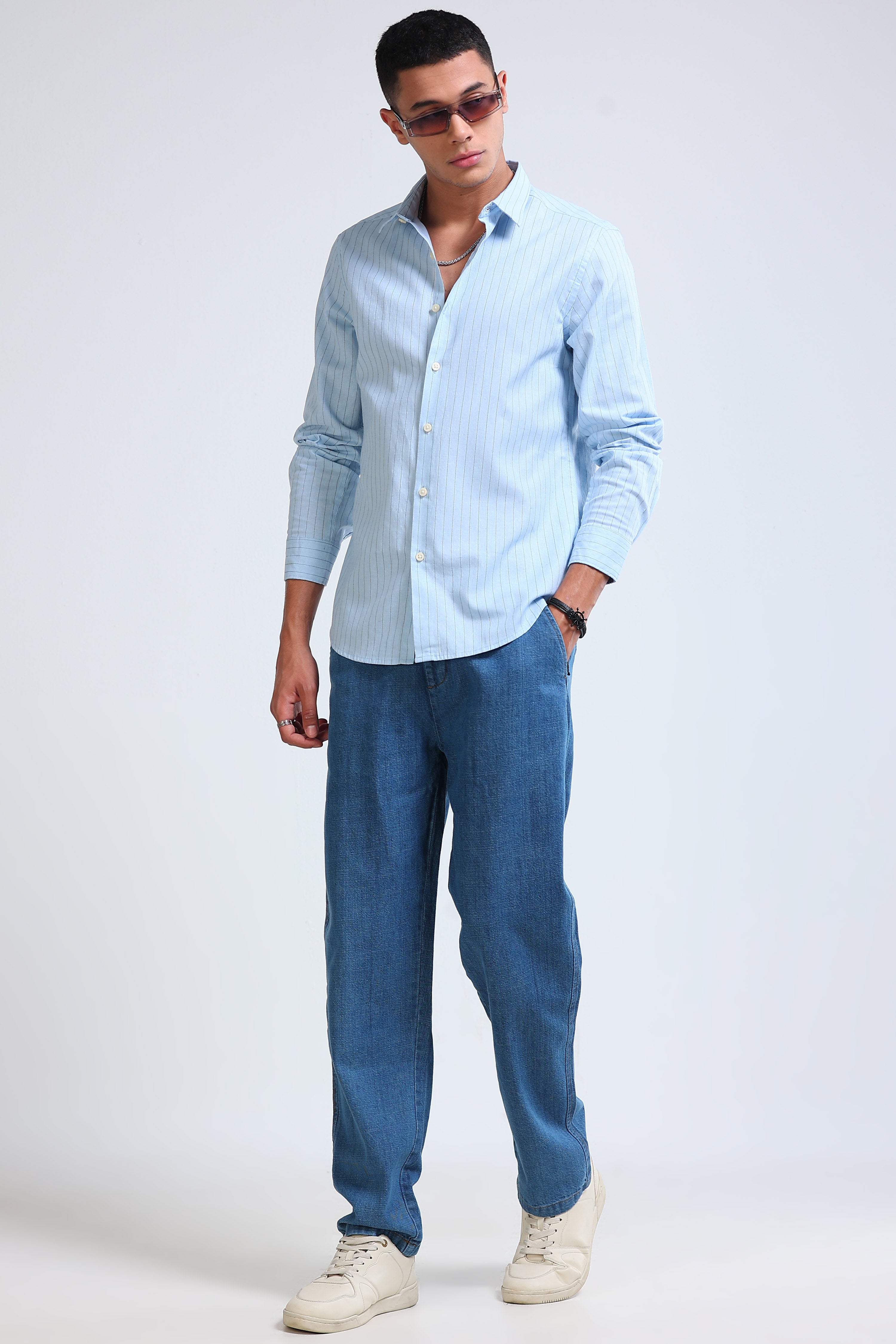 Men Blue Cotton Linen Striped Shirt