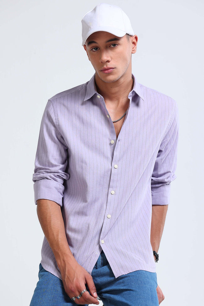 Men Lavender Cotton Linen Striped Shirt