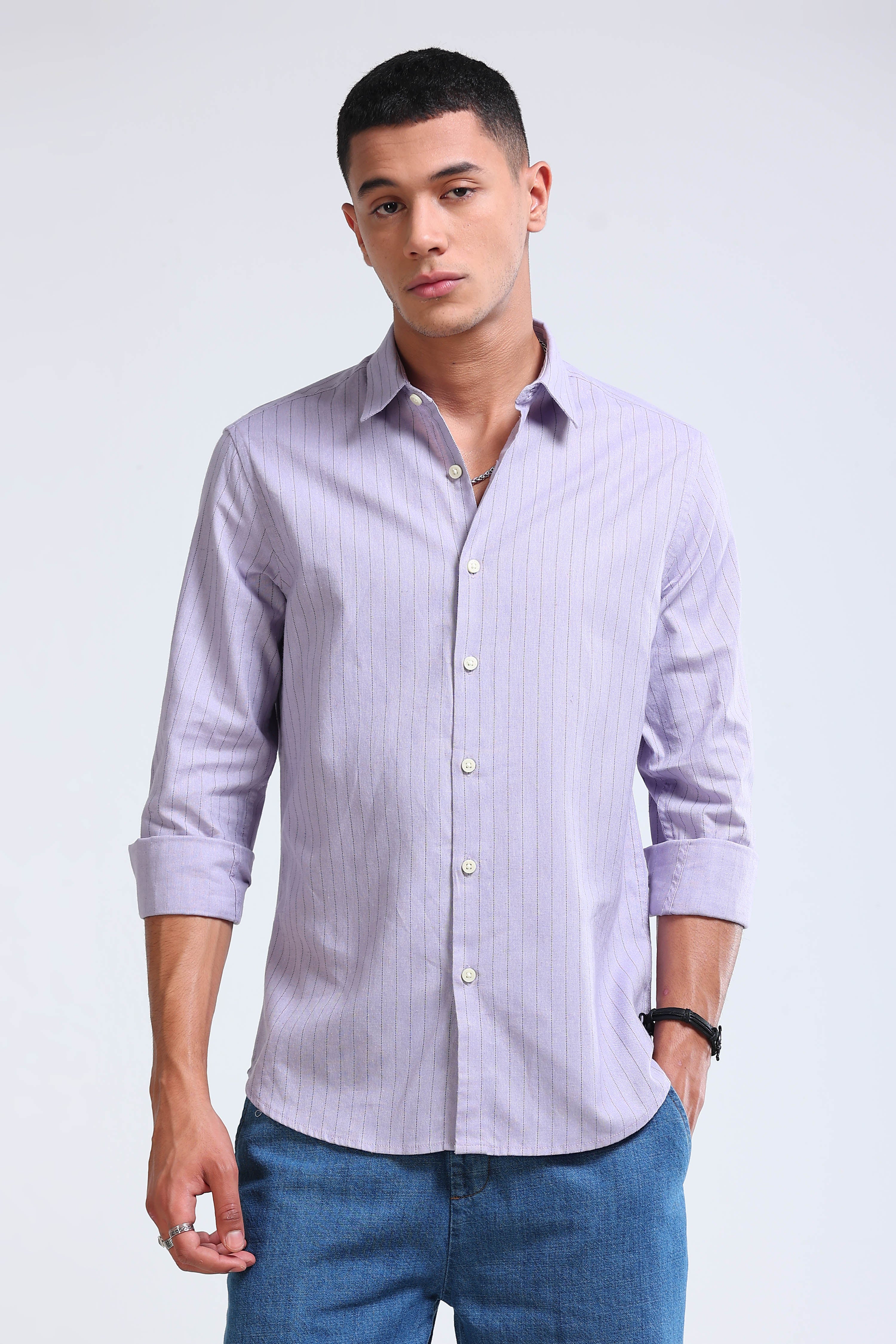 Men Lavender Cotton Linen Striped Shirt