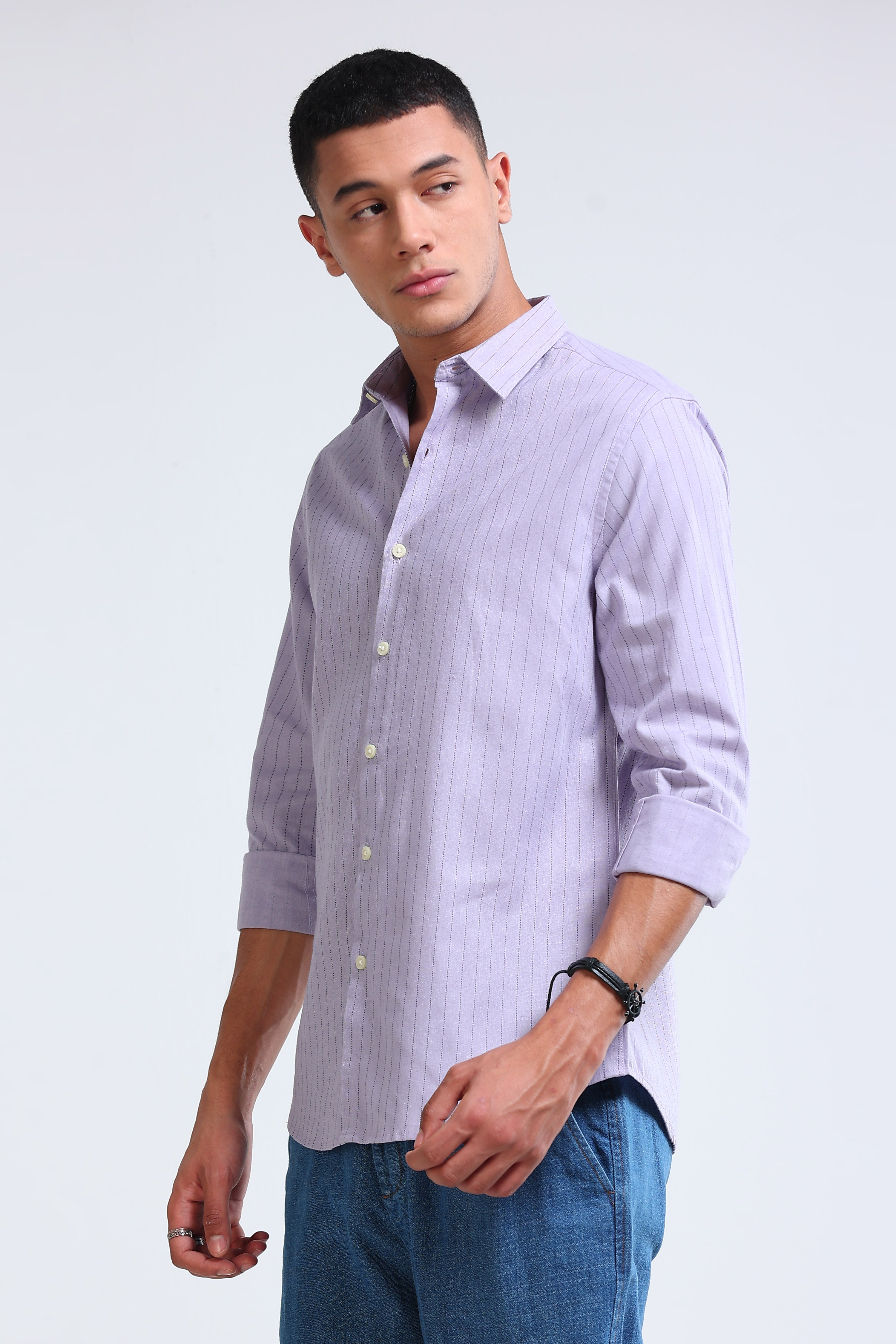 Men Lavender Cotton Linen Striped Shirt