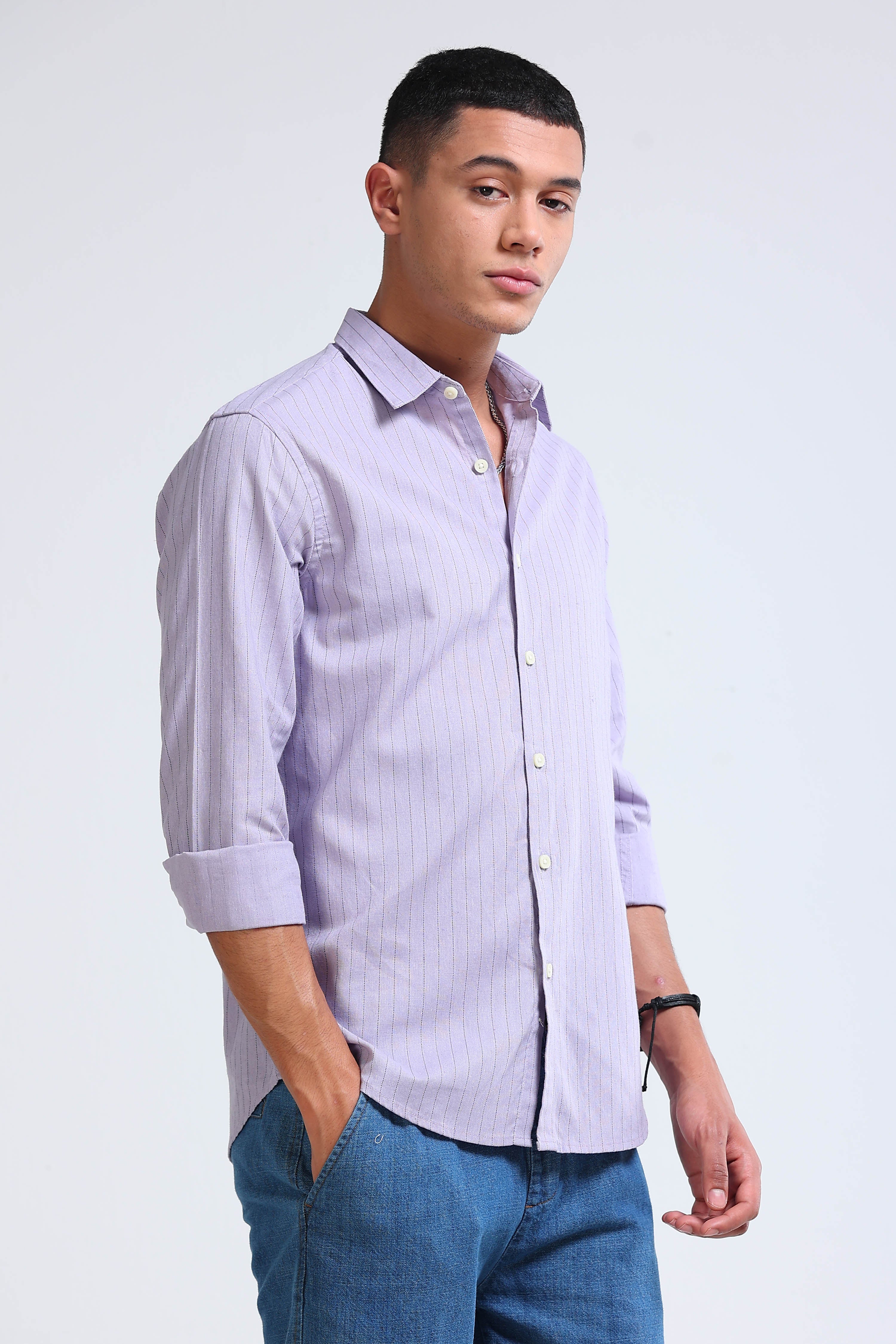 Men Lavender Cotton Linen Striped Shirt