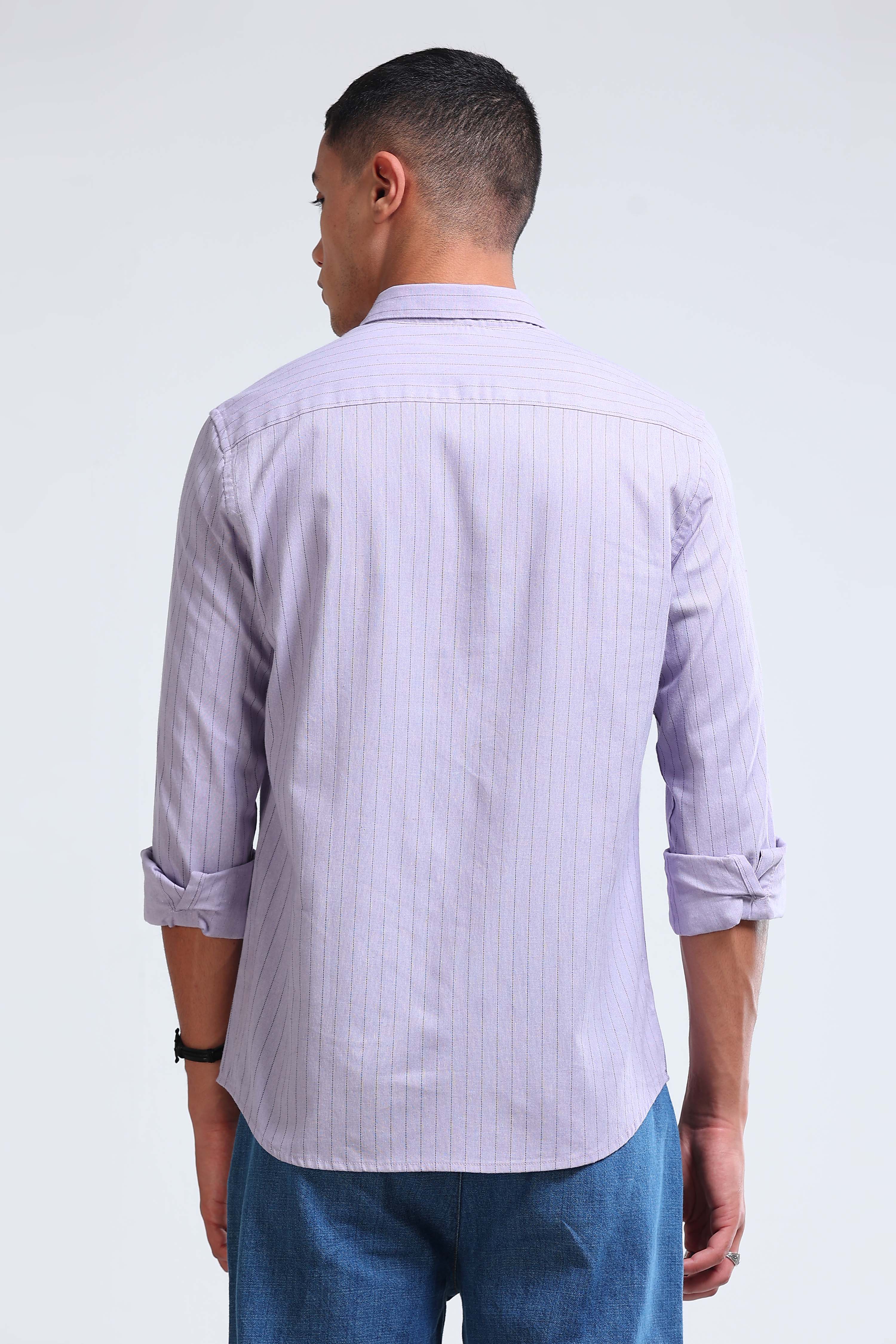 Men Lavender Cotton Linen Striped Shirt