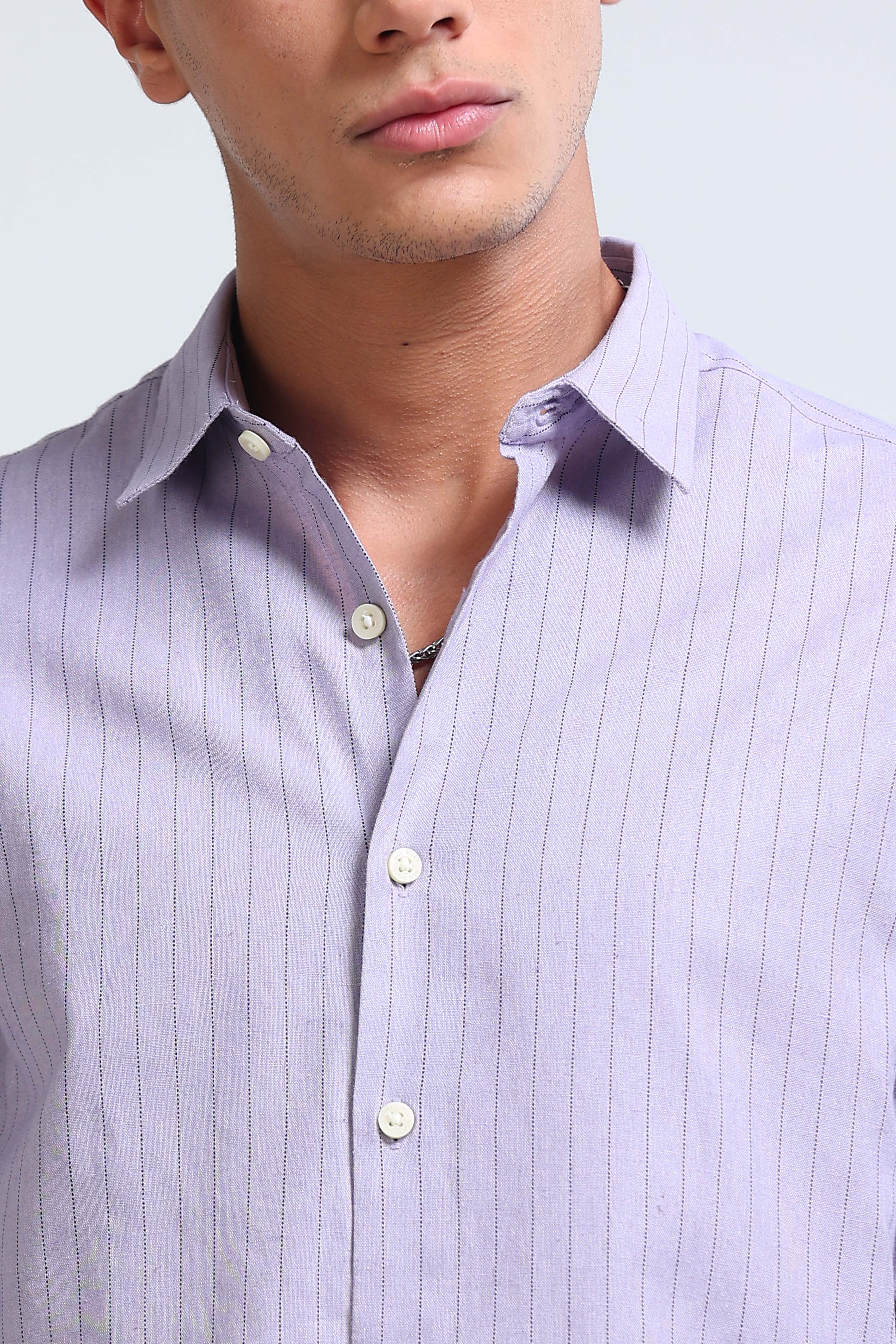 Men Lavender Cotton Linen Striped Shirt