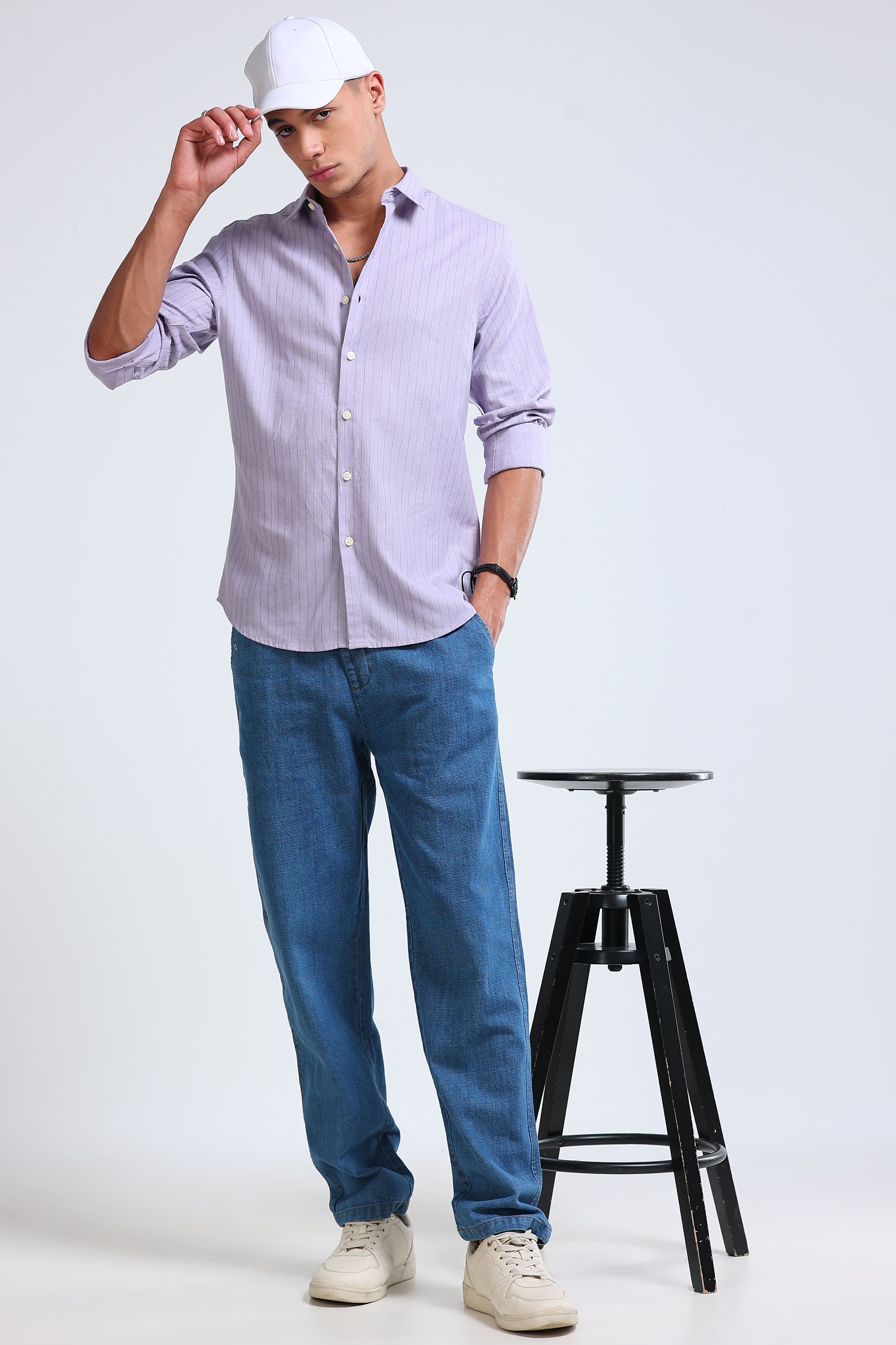 Men Lavender Cotton Linen Striped Shirt