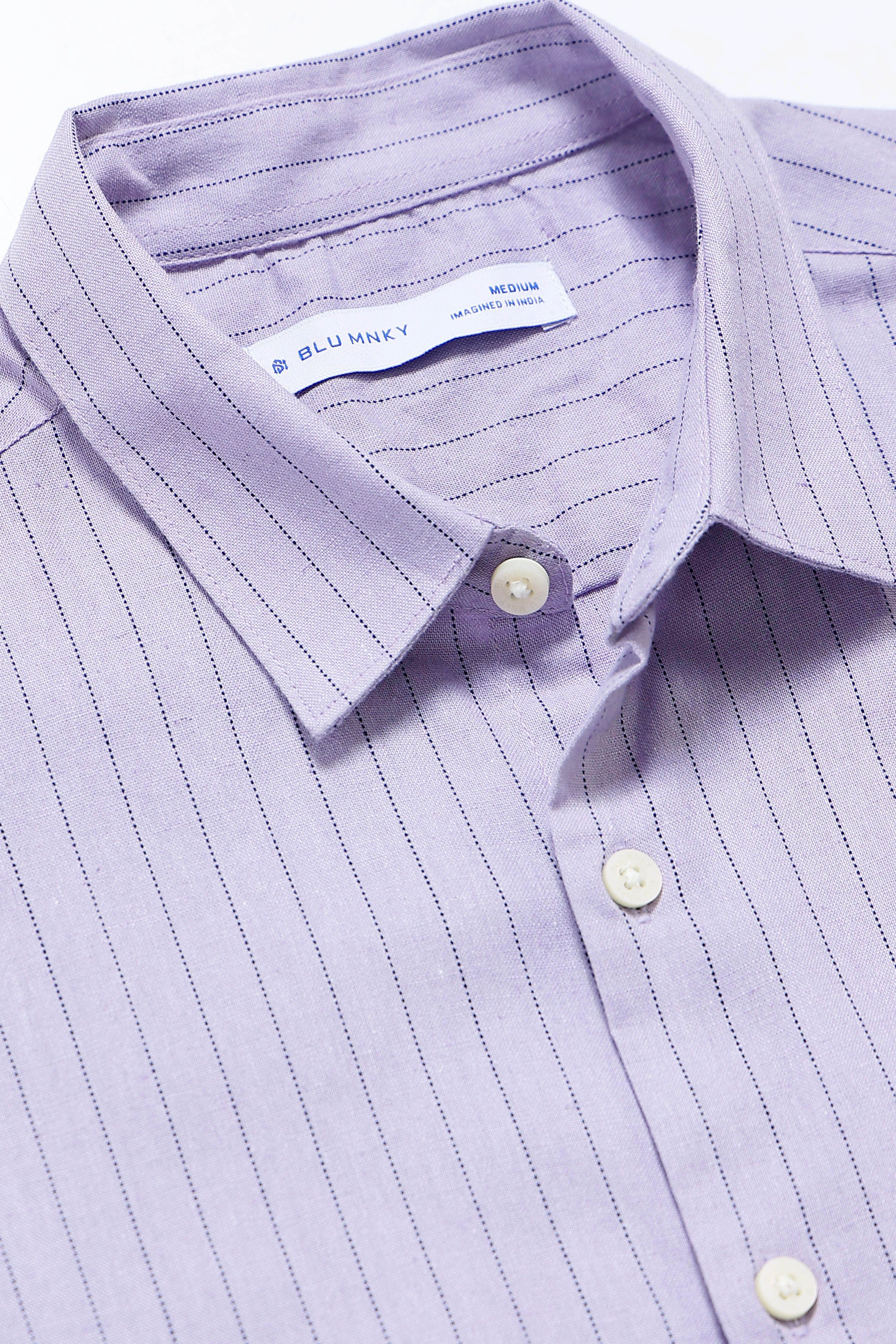 Men Lavender Cotton Linen Striped Shirt