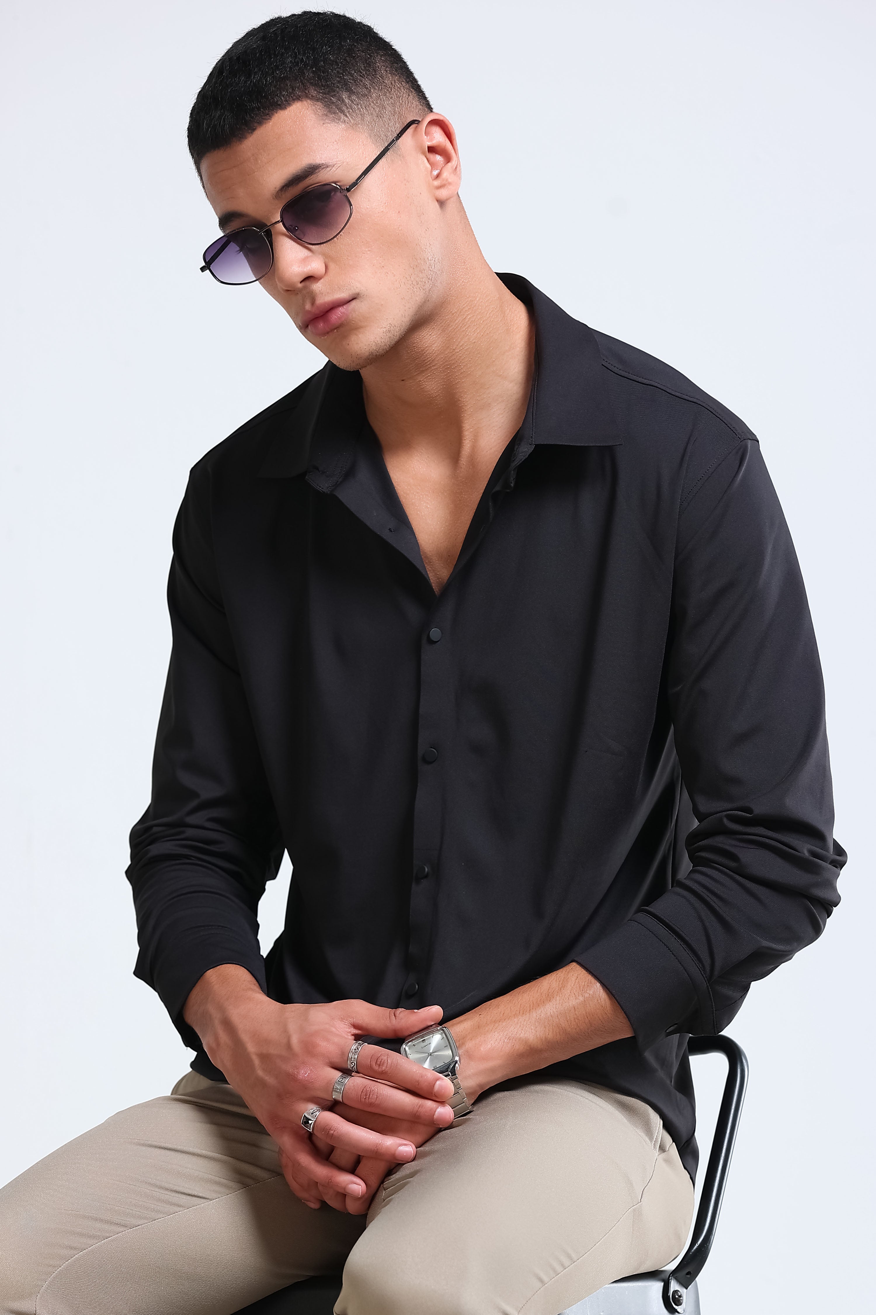 Men Black Knitted Viscose Shirt