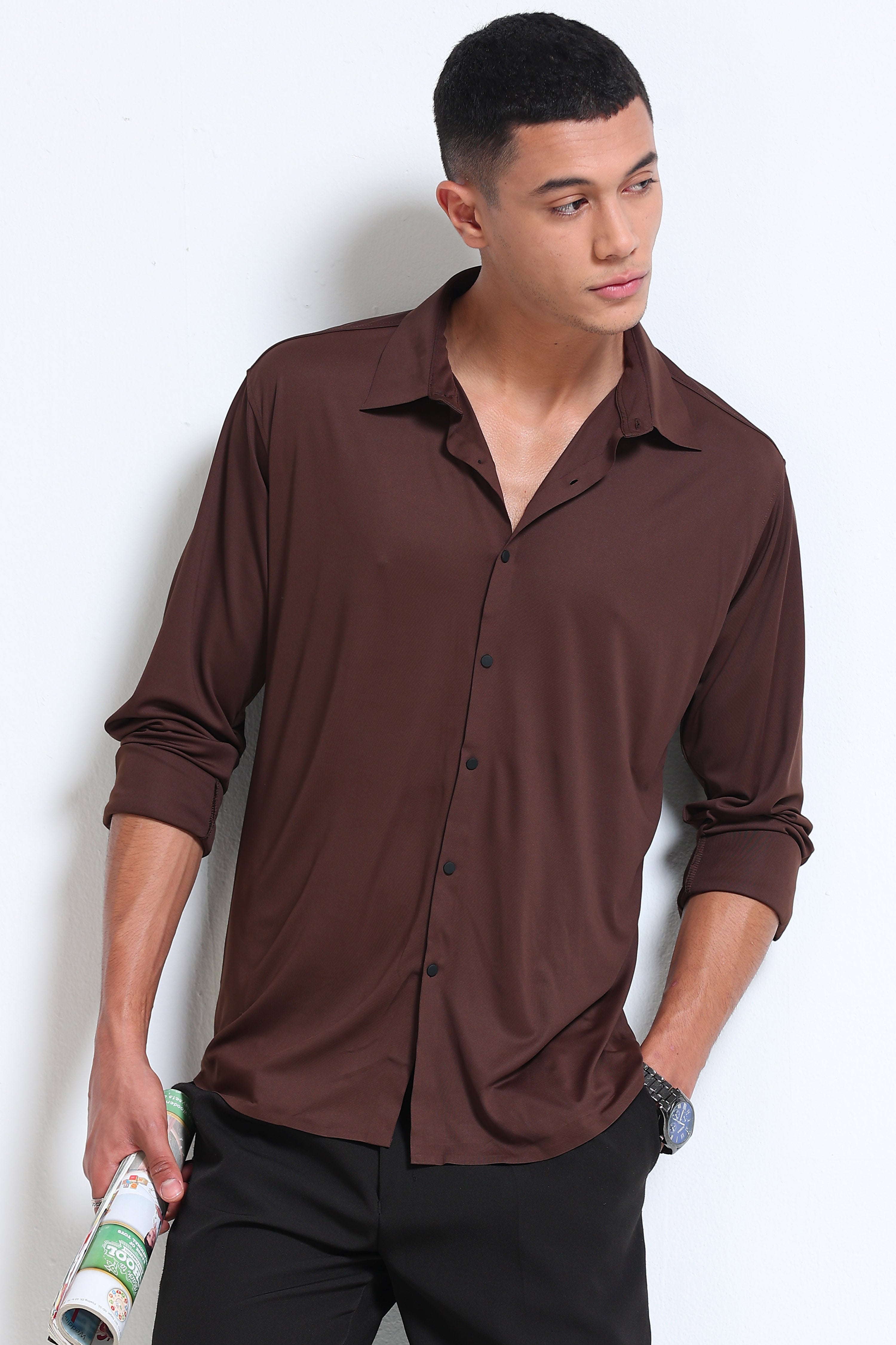 Men Brown Knitted Viscose Shirt