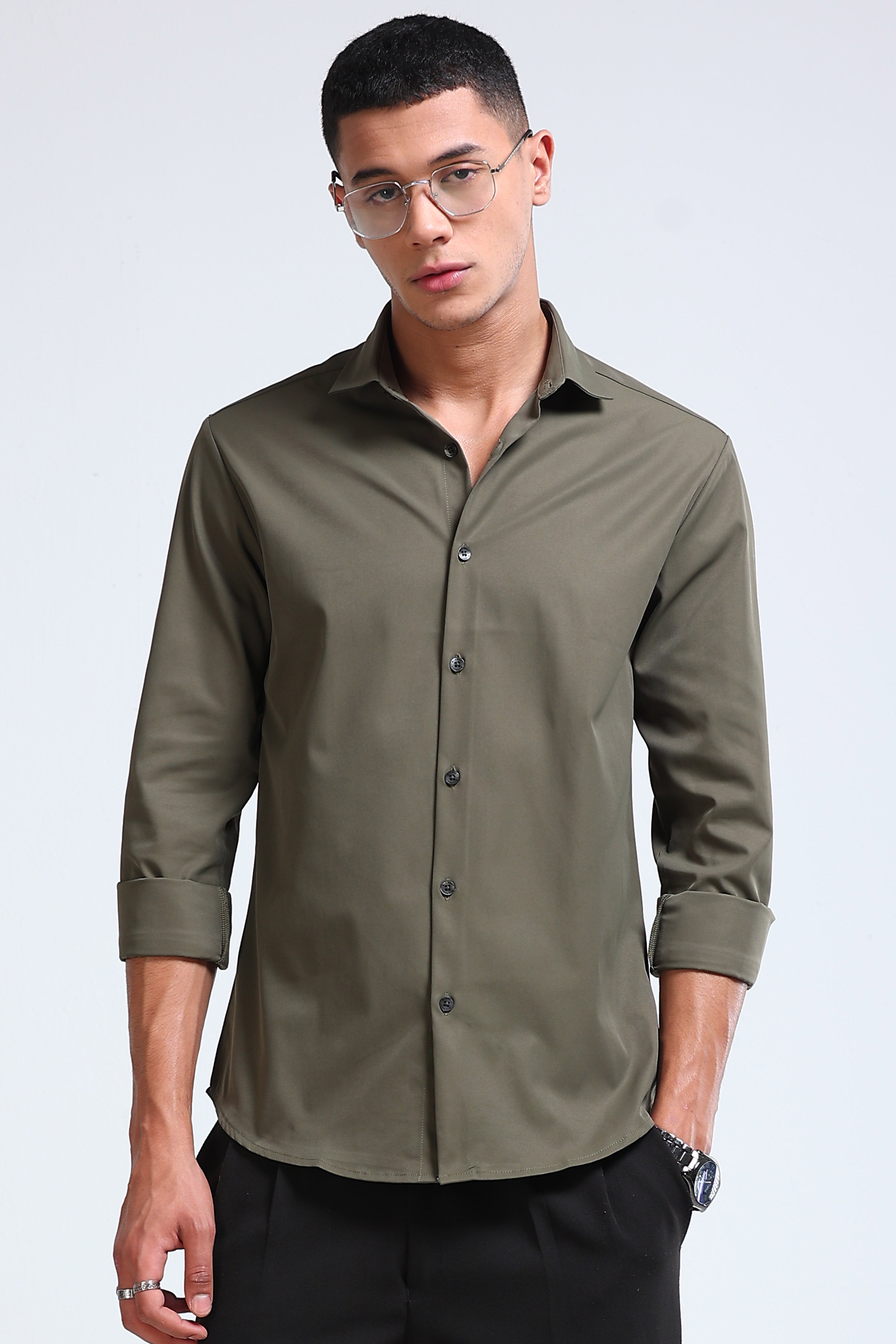 Men Olive Casual Solid Shirt