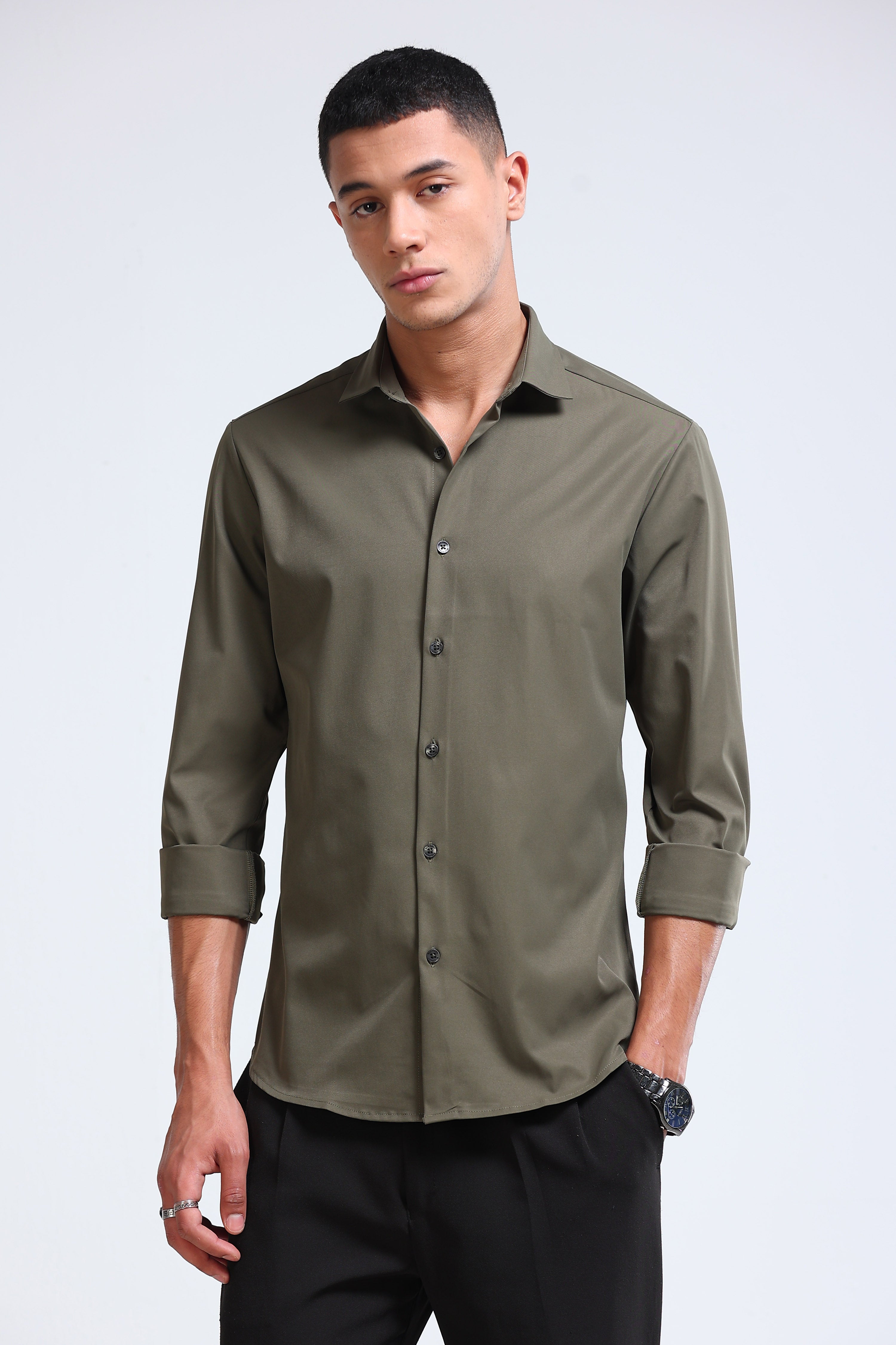Men Olive Casual Solid Shirt