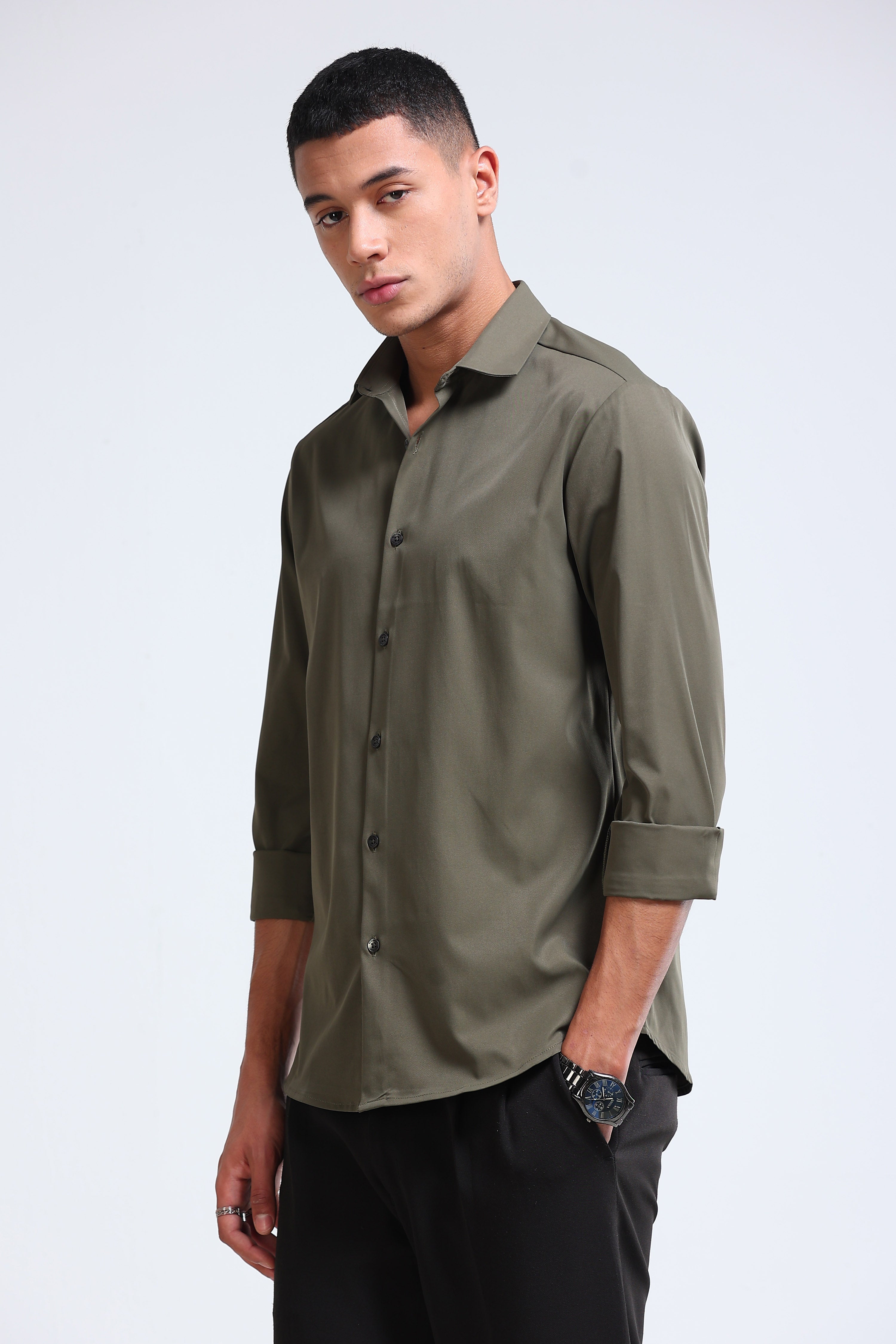 Men Olive Casual Solid Shirt