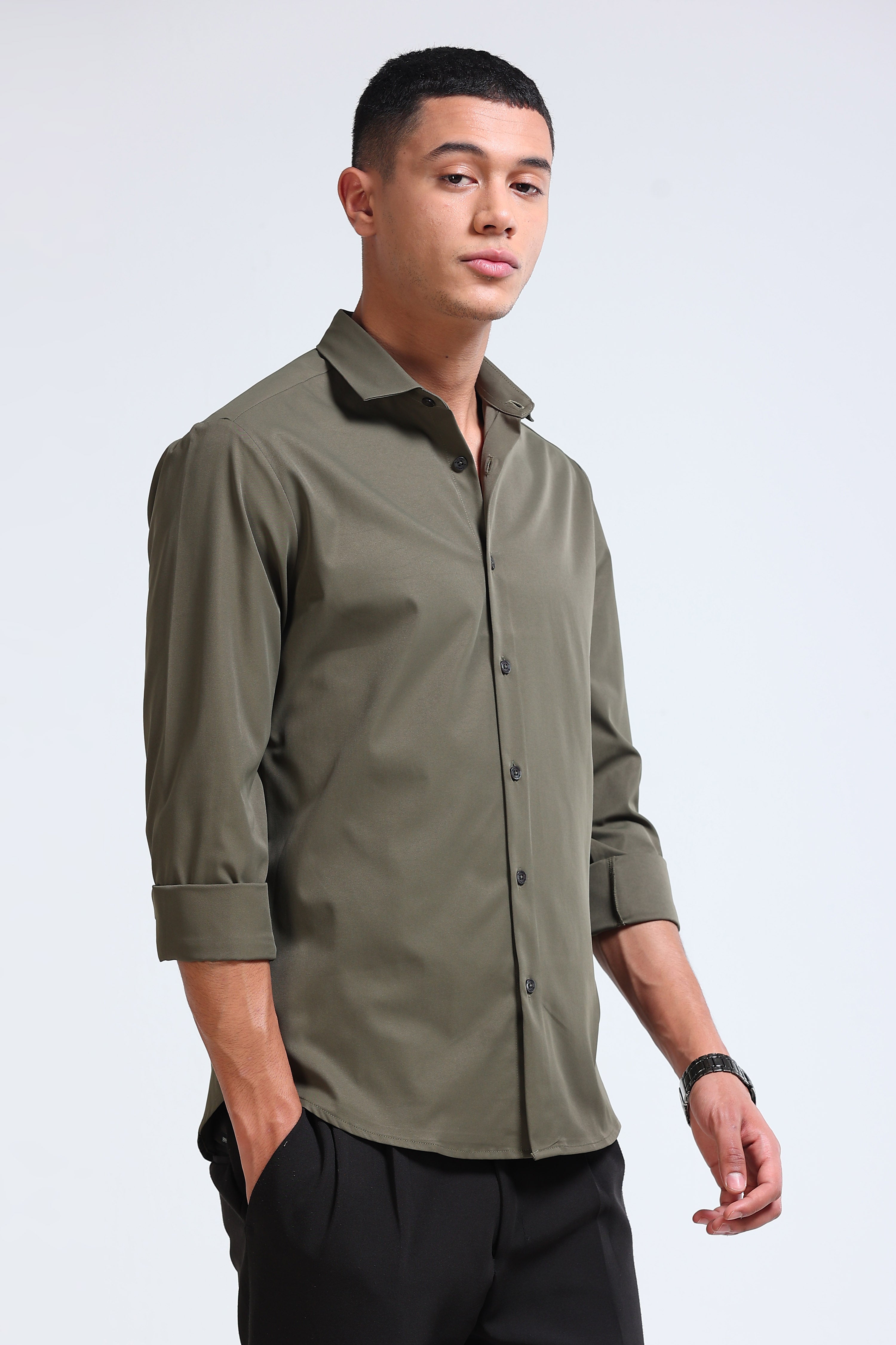 Men Olive Casual Solid Shirt