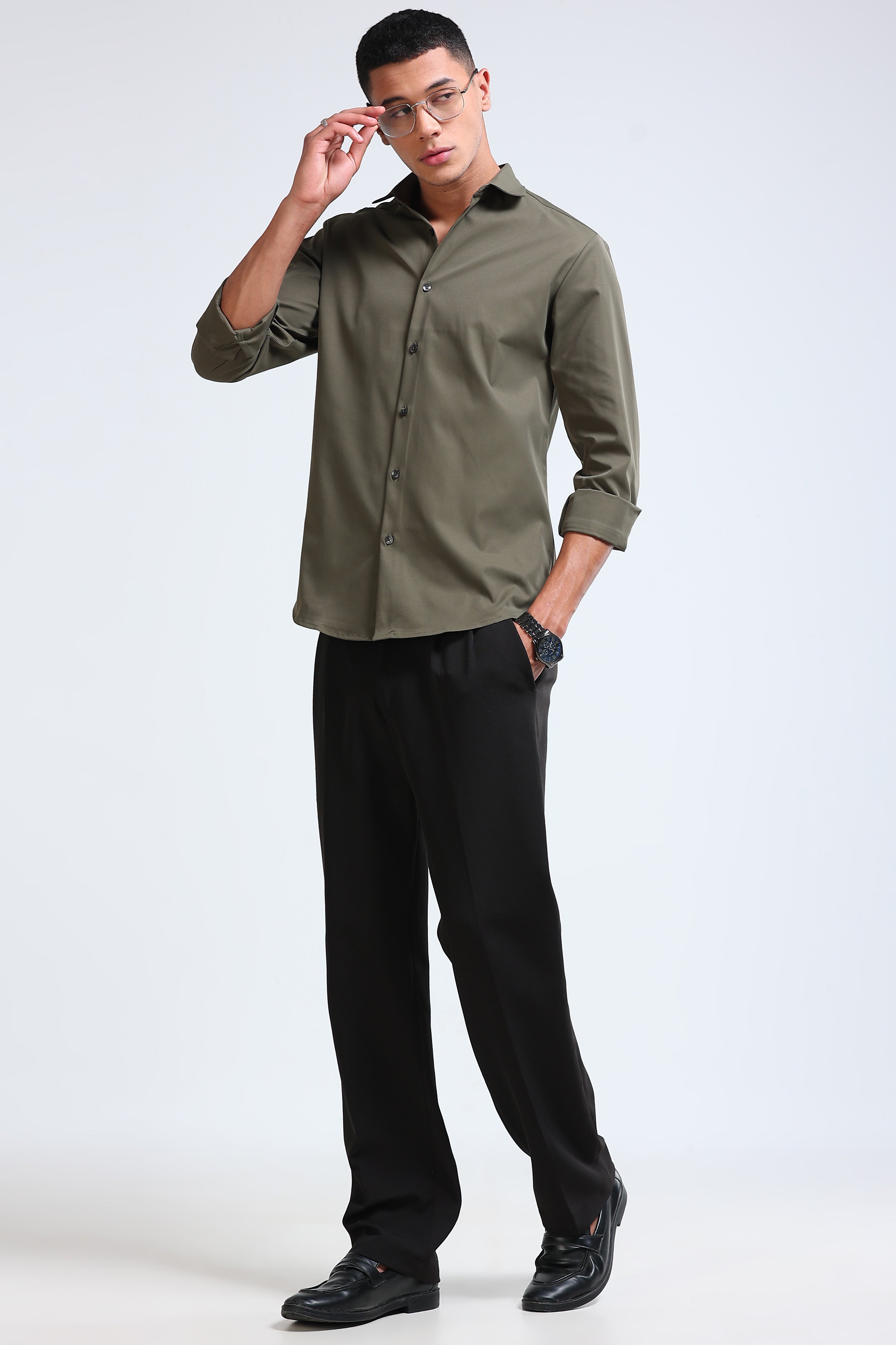 Men Olive Casual Solid Shirt