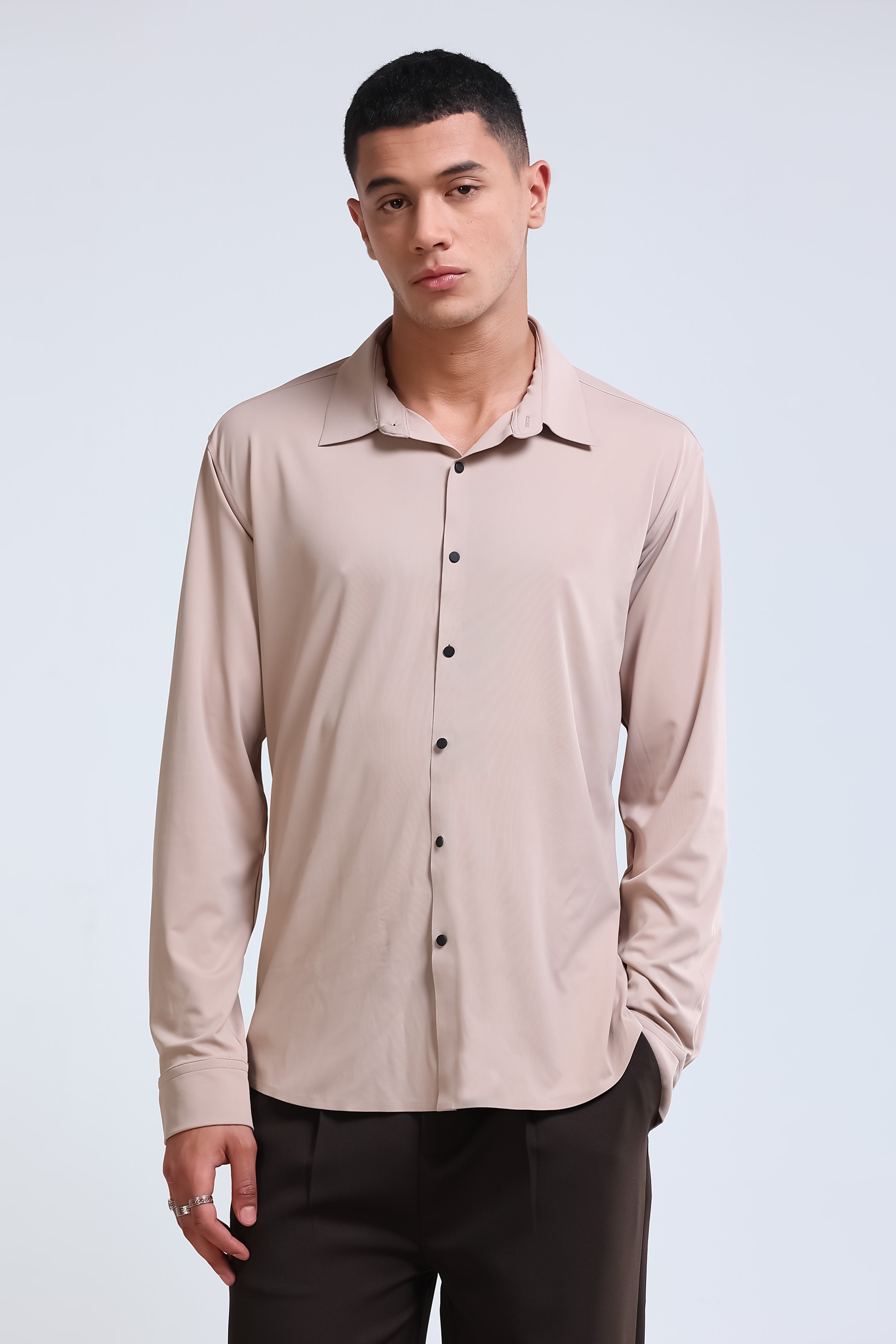 Men Beige Knitted Viscose Shirt