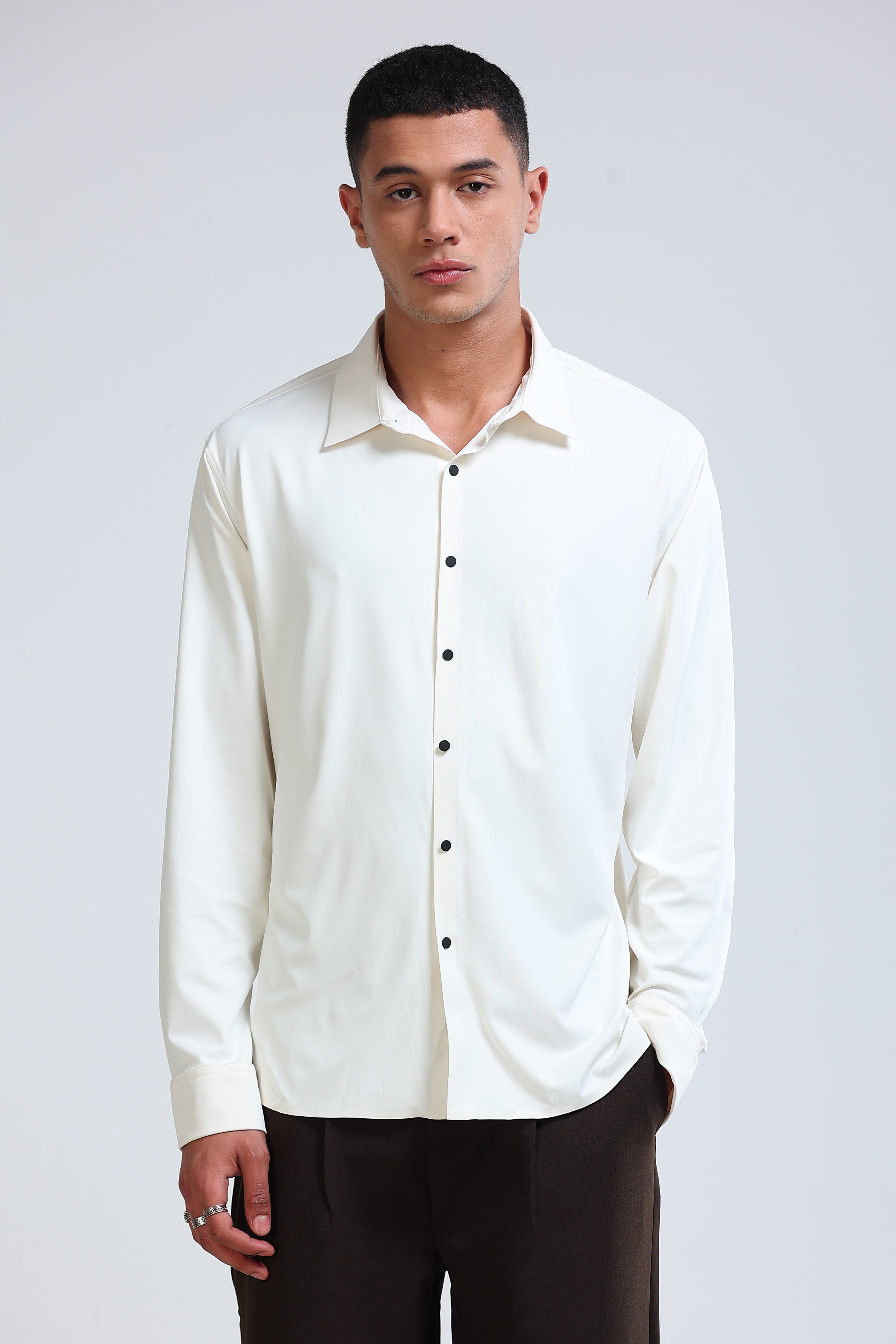Men Off White Knitted Viscose Shirt