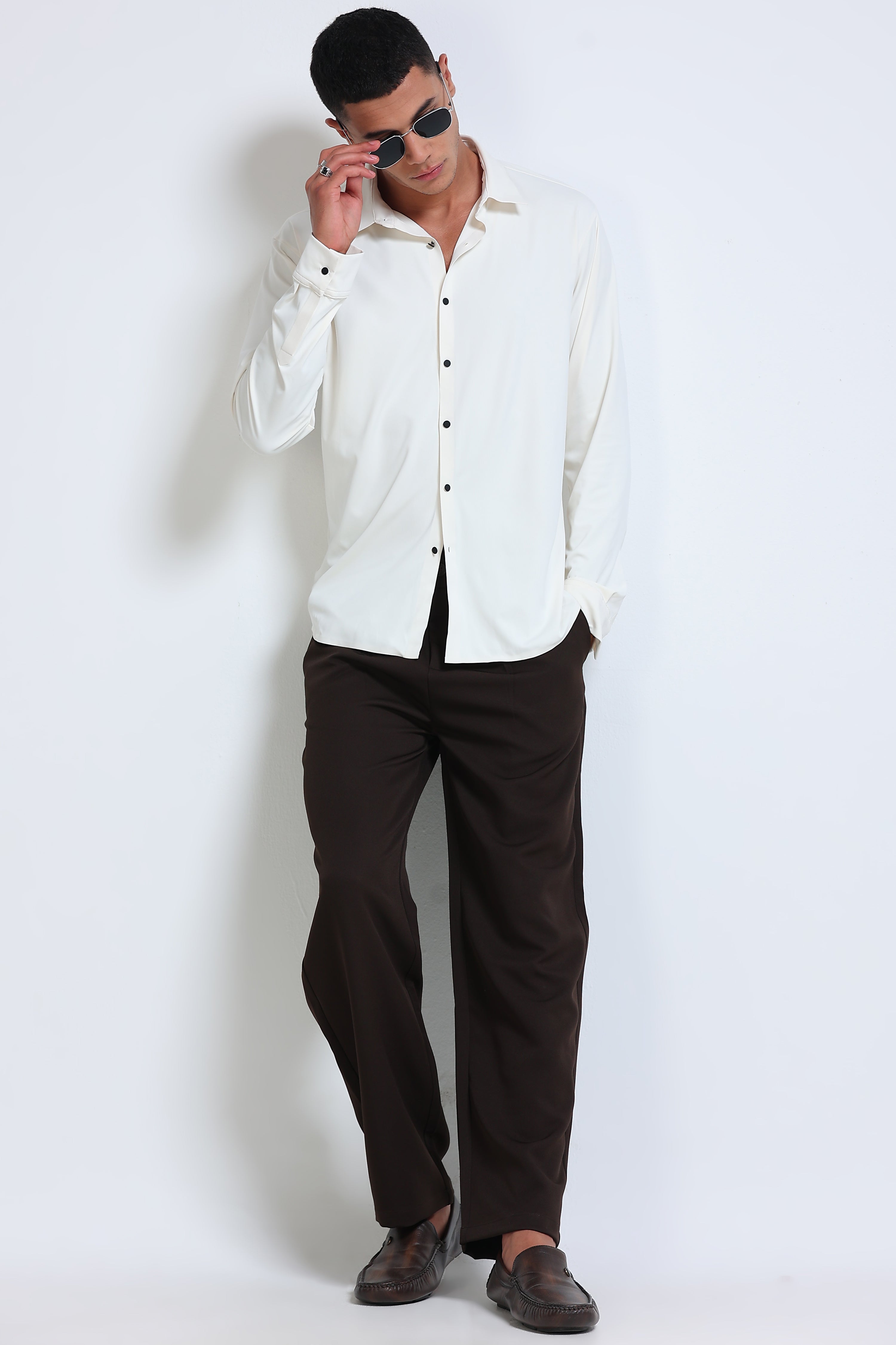Men Off White Knitted Viscose Shirt