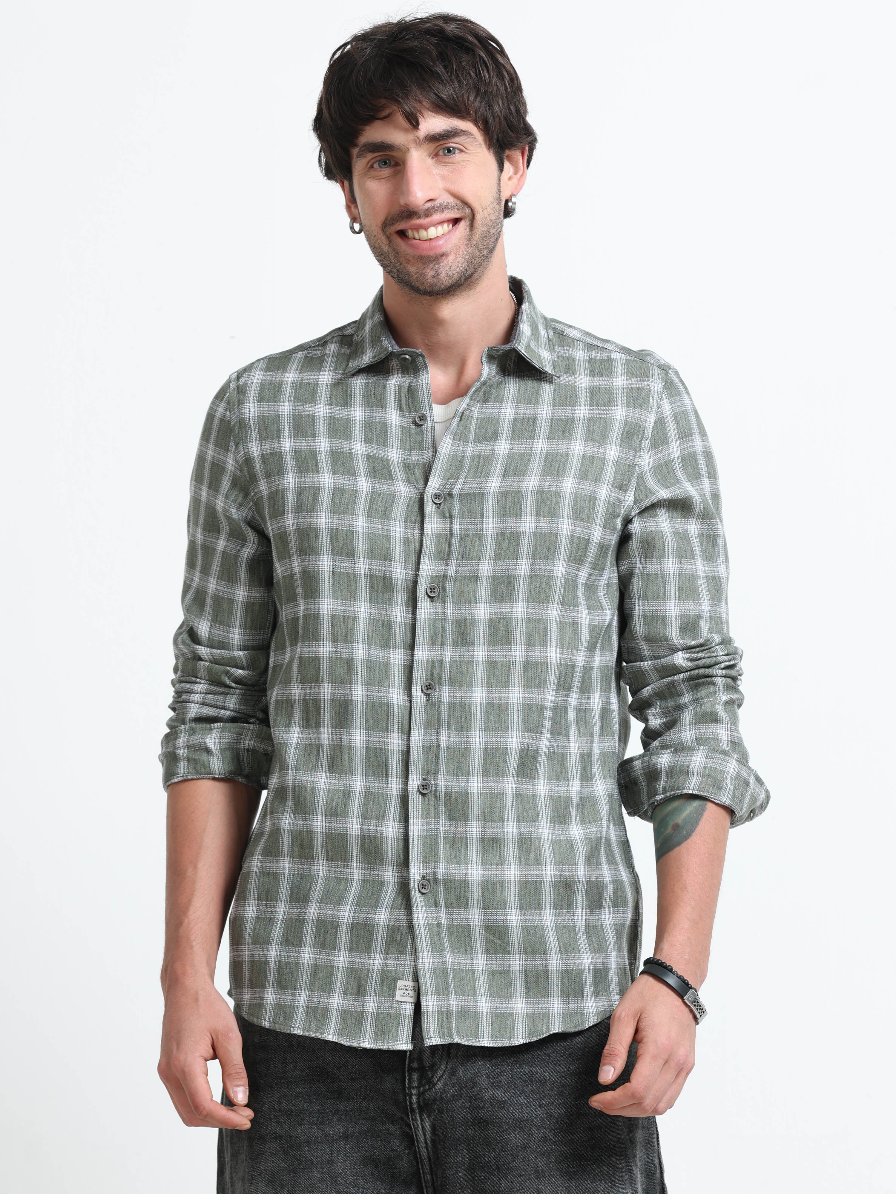Men Syria Cotton Linen Check Shirt