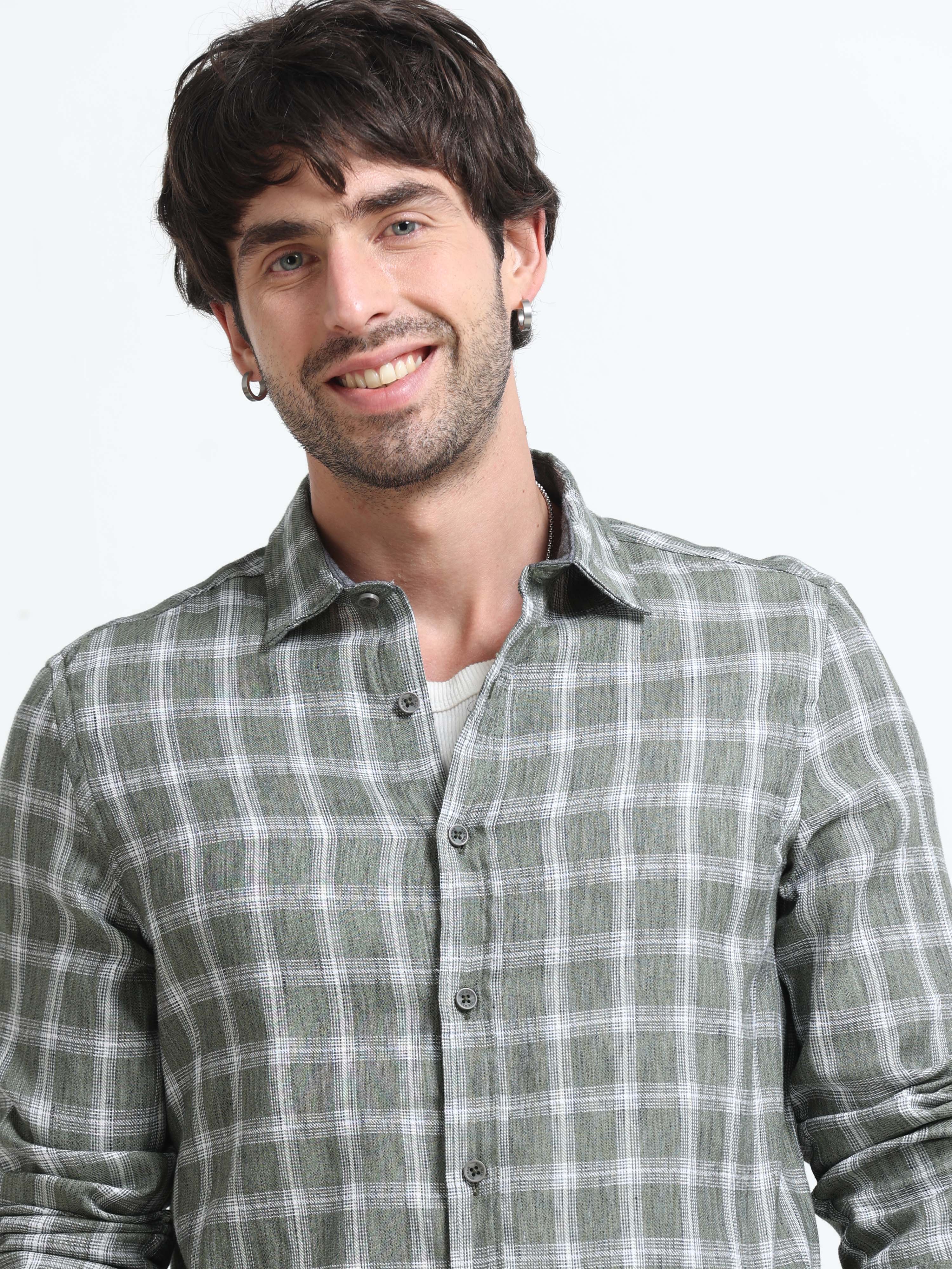 Men Syria Cotton Linen Check Shirt