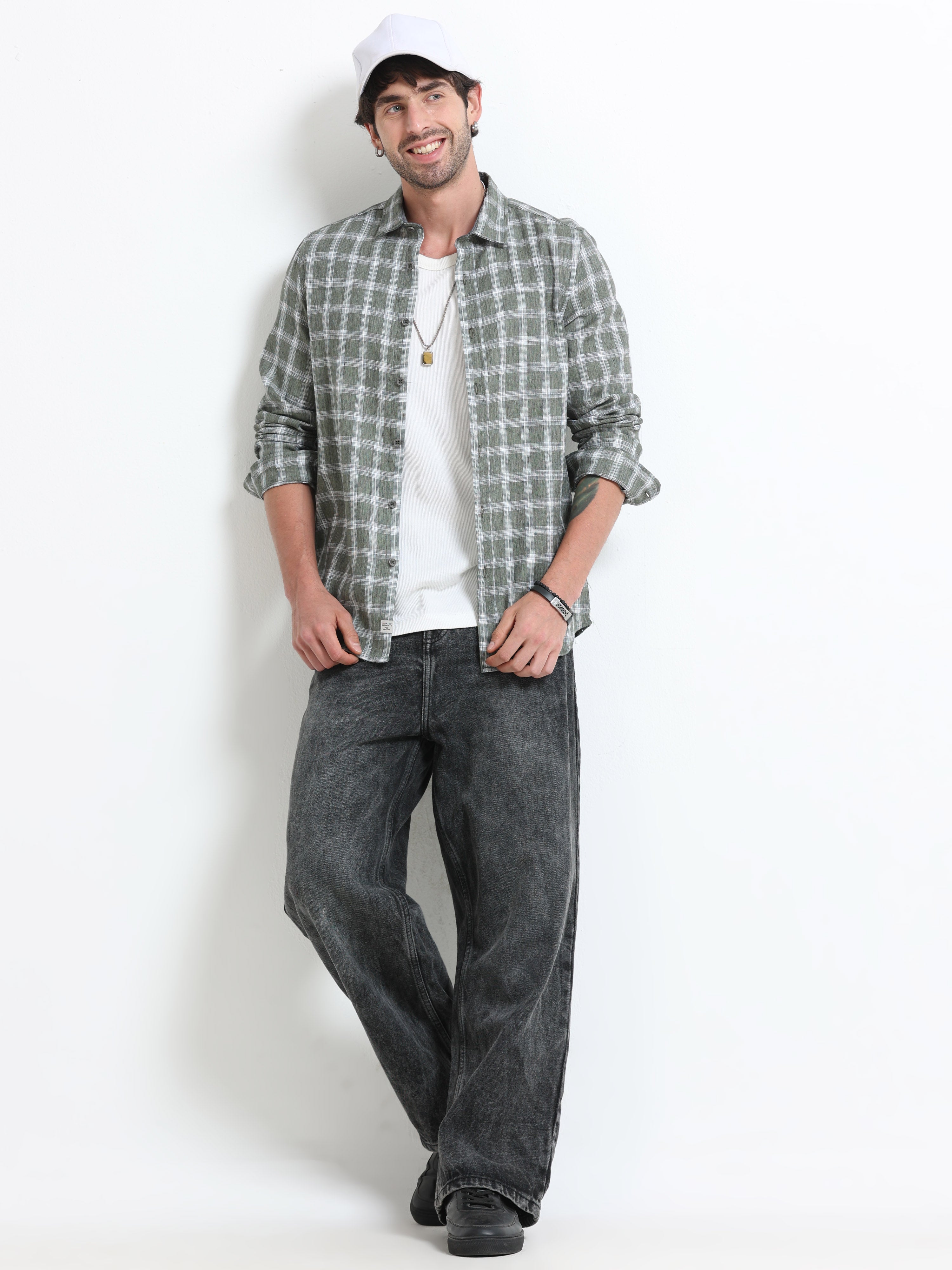 Men Syria Cotton Linen Check Shirt