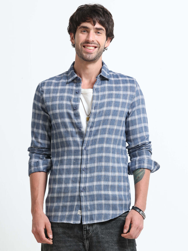 Men Syria Cotton Linen Check Shirt