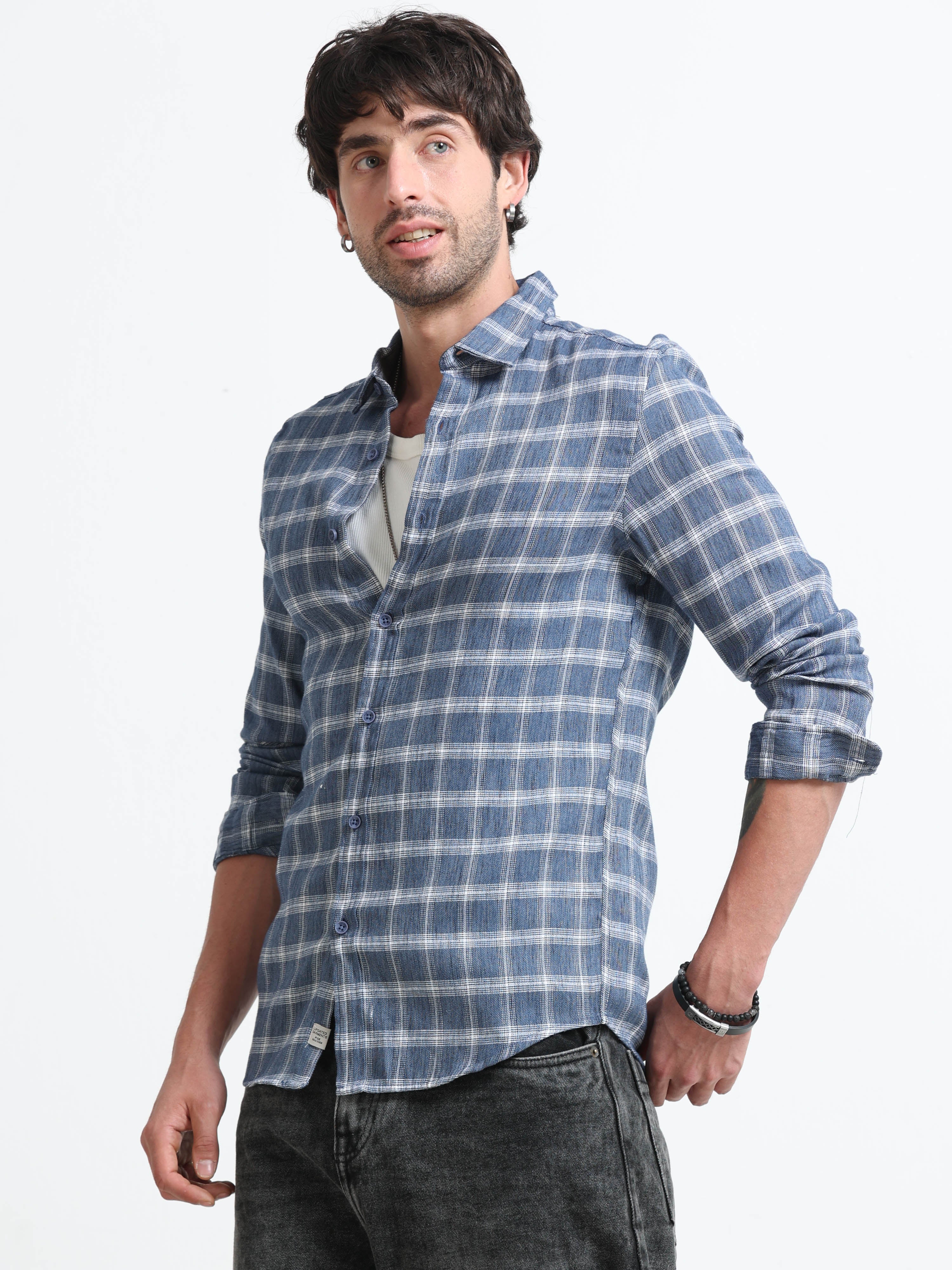 Men Syria Cotton Linen Check Shirt