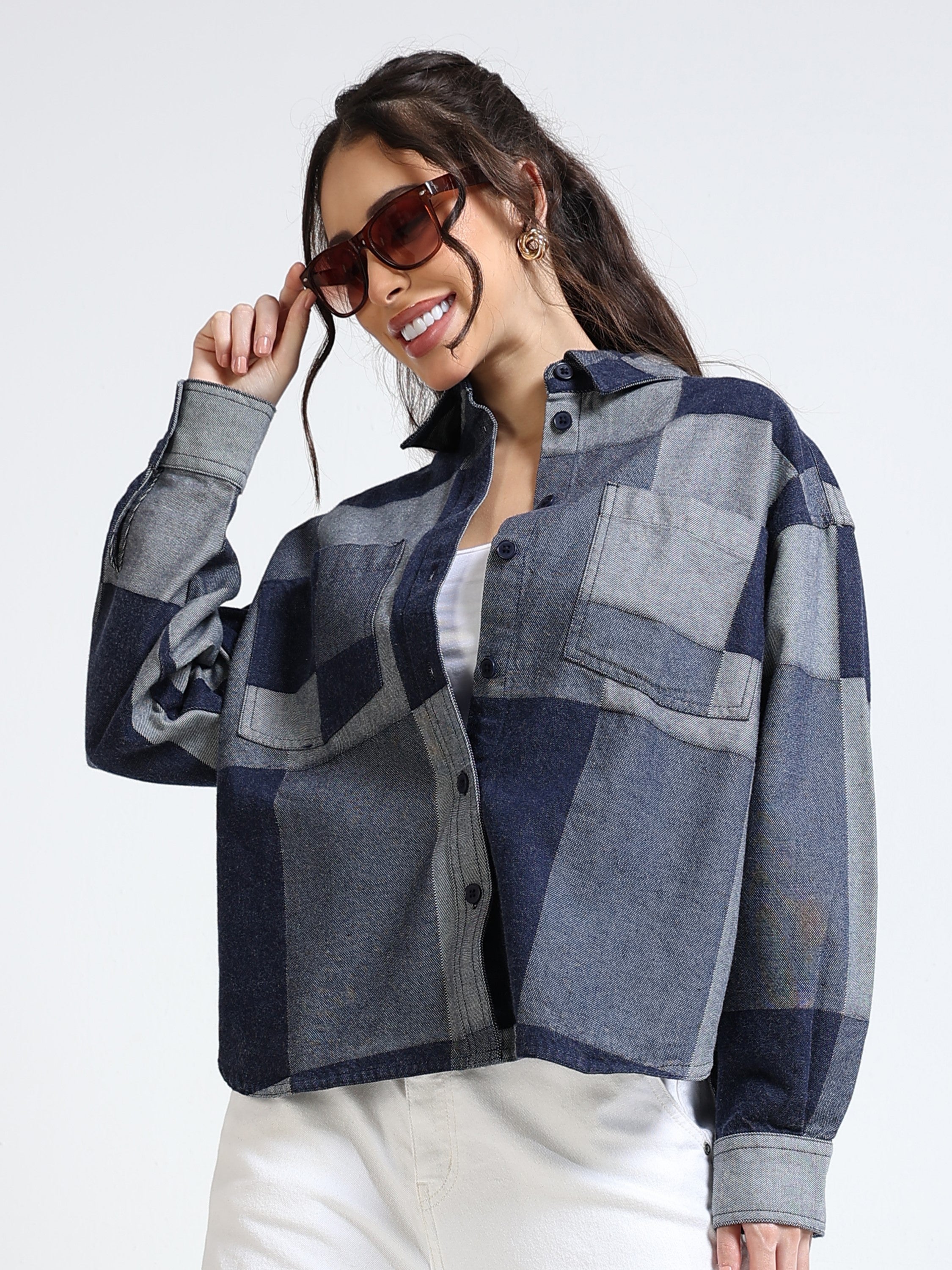 Women Denim Patch Pattern Shirt