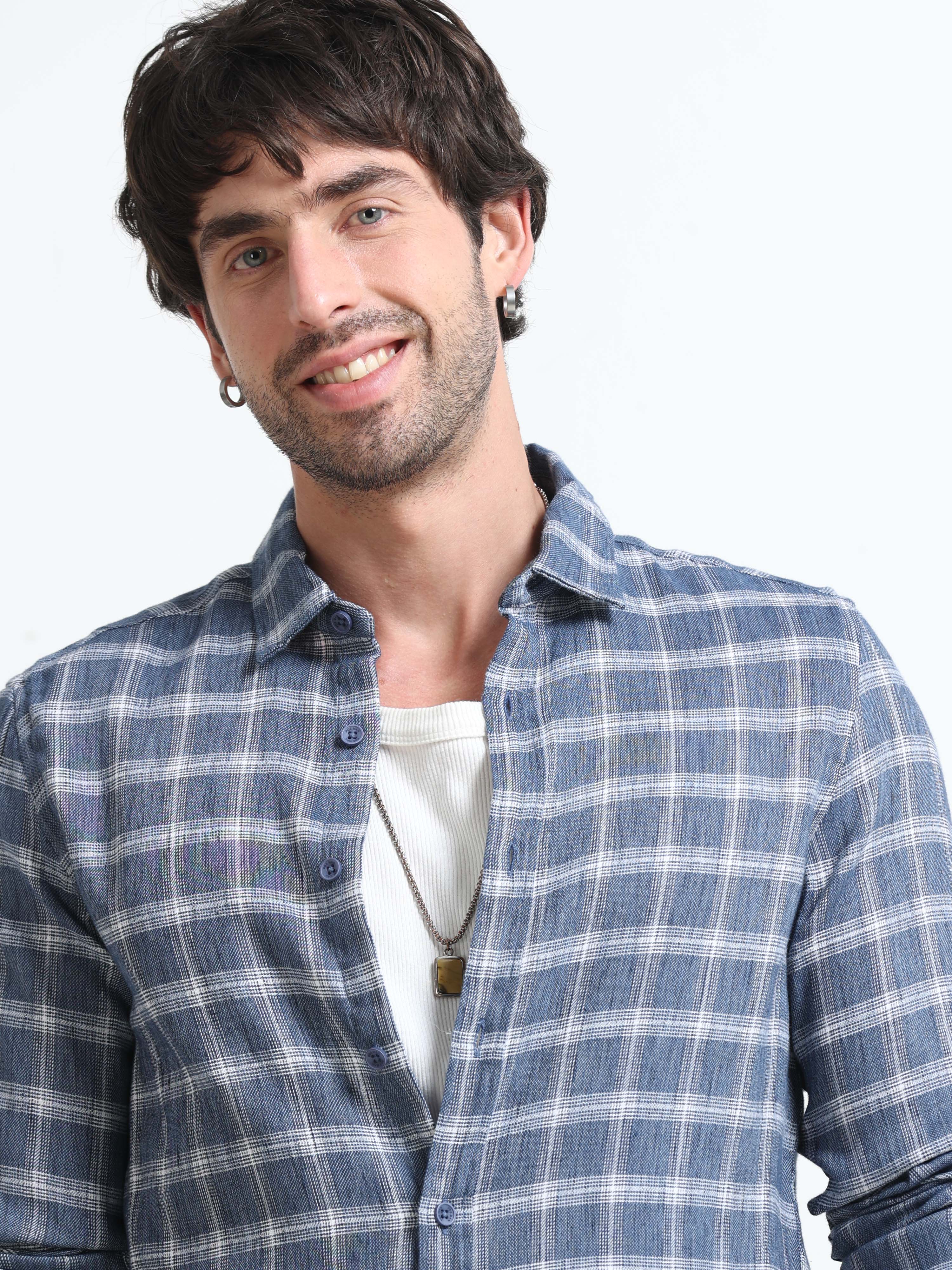 Men Syria Cotton Linen Check Shirt