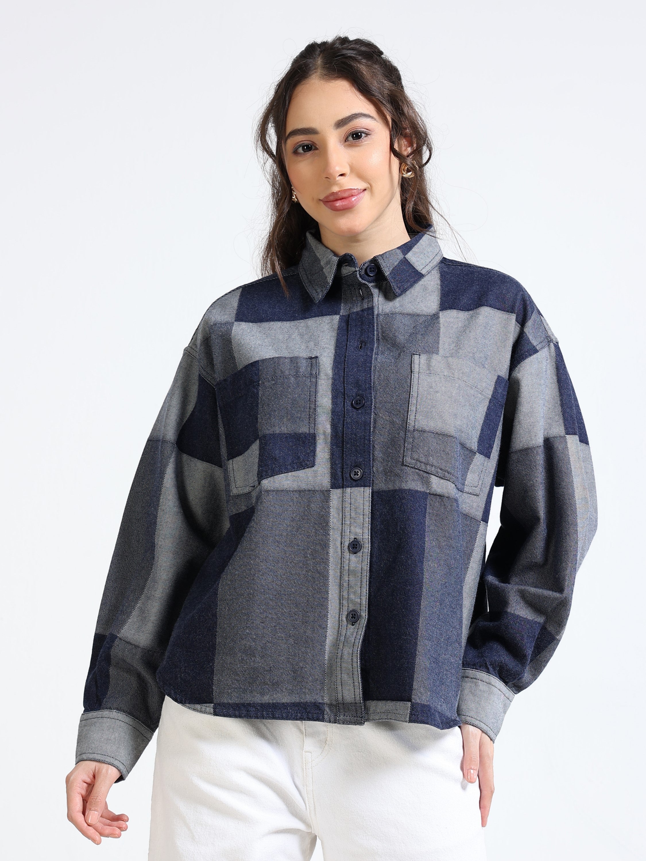 Women Denim Patch Pattern Shirt