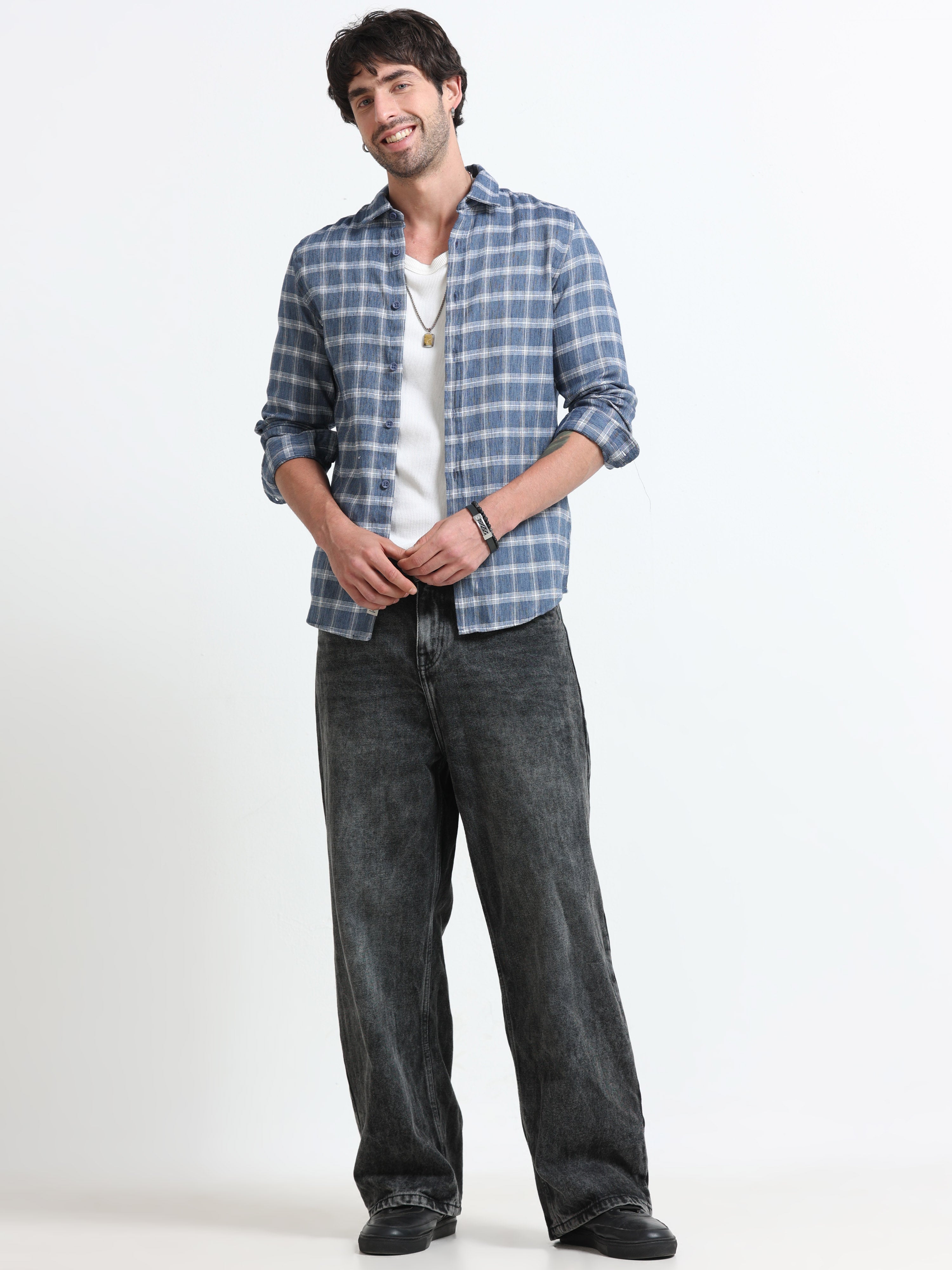 Men Syria Cotton Linen Check Shirt