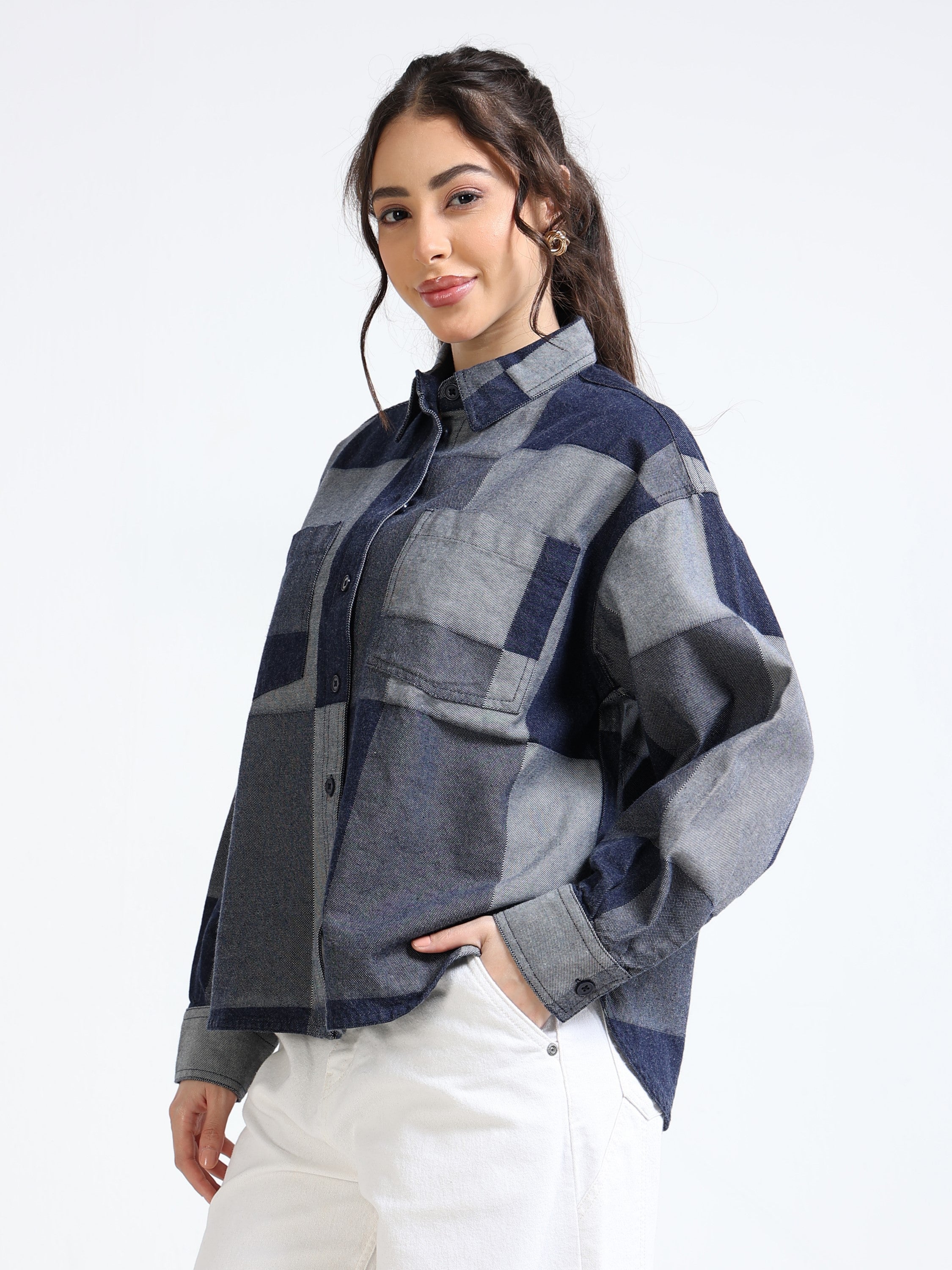 Women Denim Patch Pattern Shirt